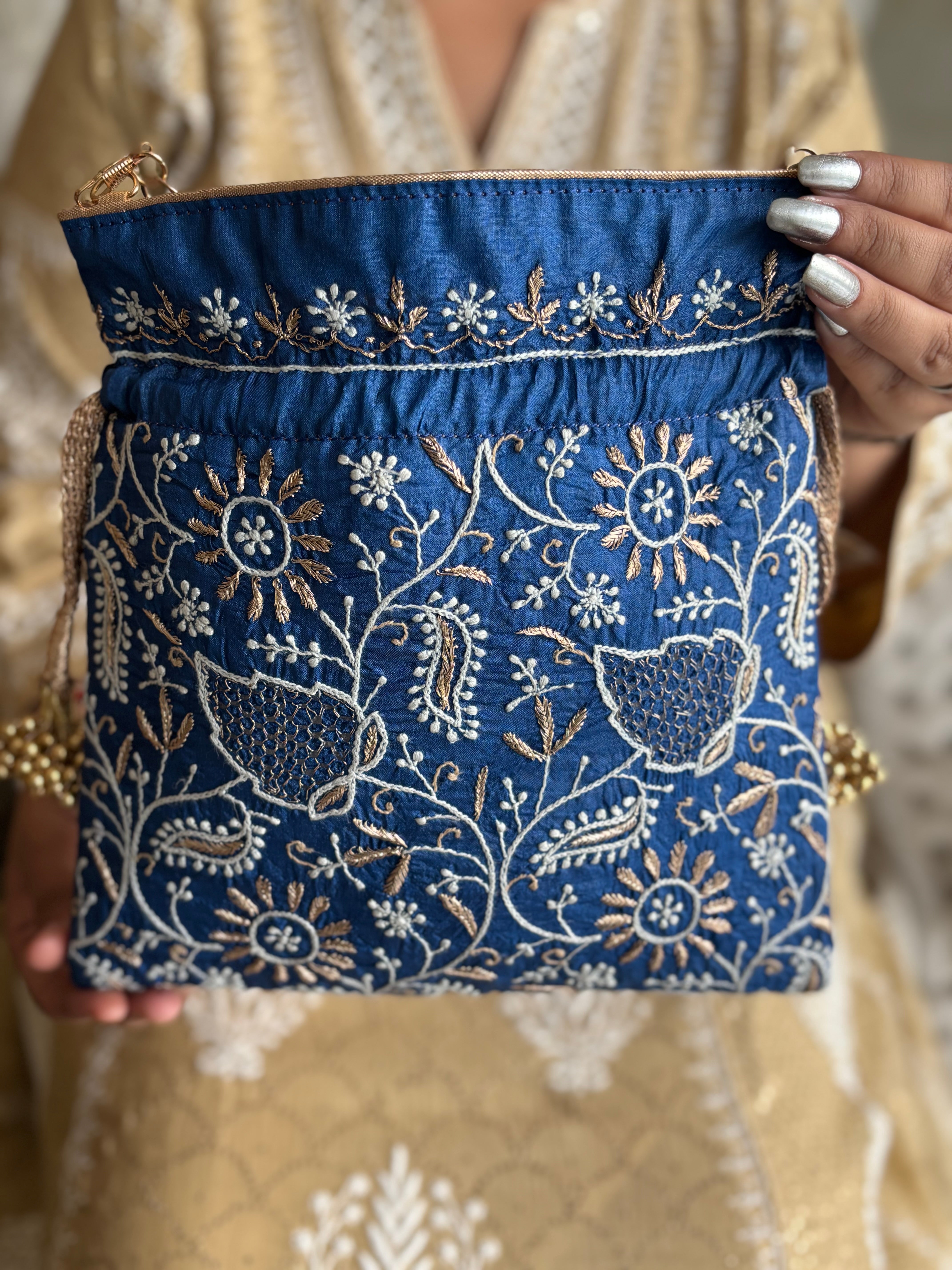 Blue Silk Chikankari Potli