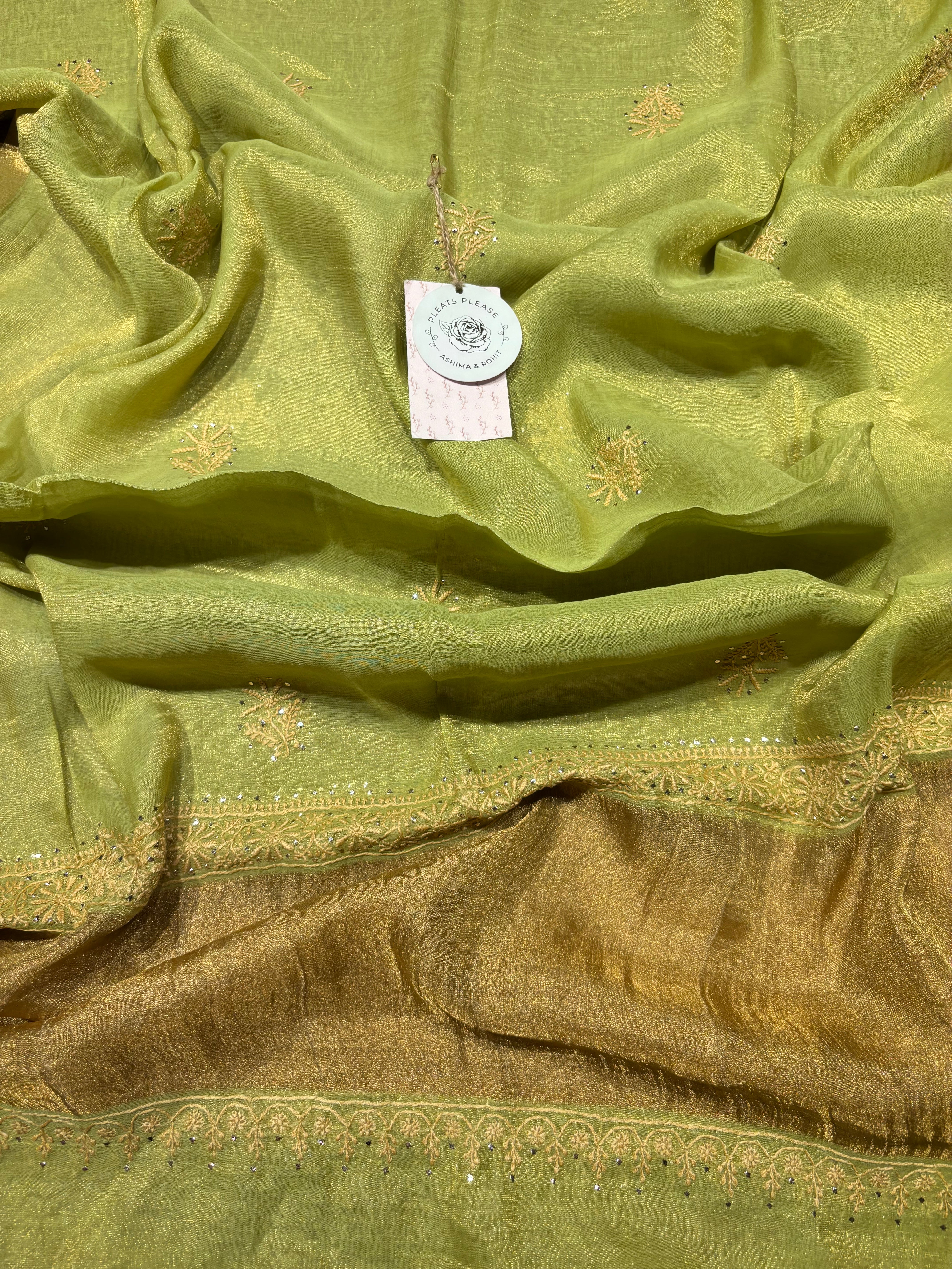 Green Pure And Premium Tissue Chikankari Kurta And Dupatta Set