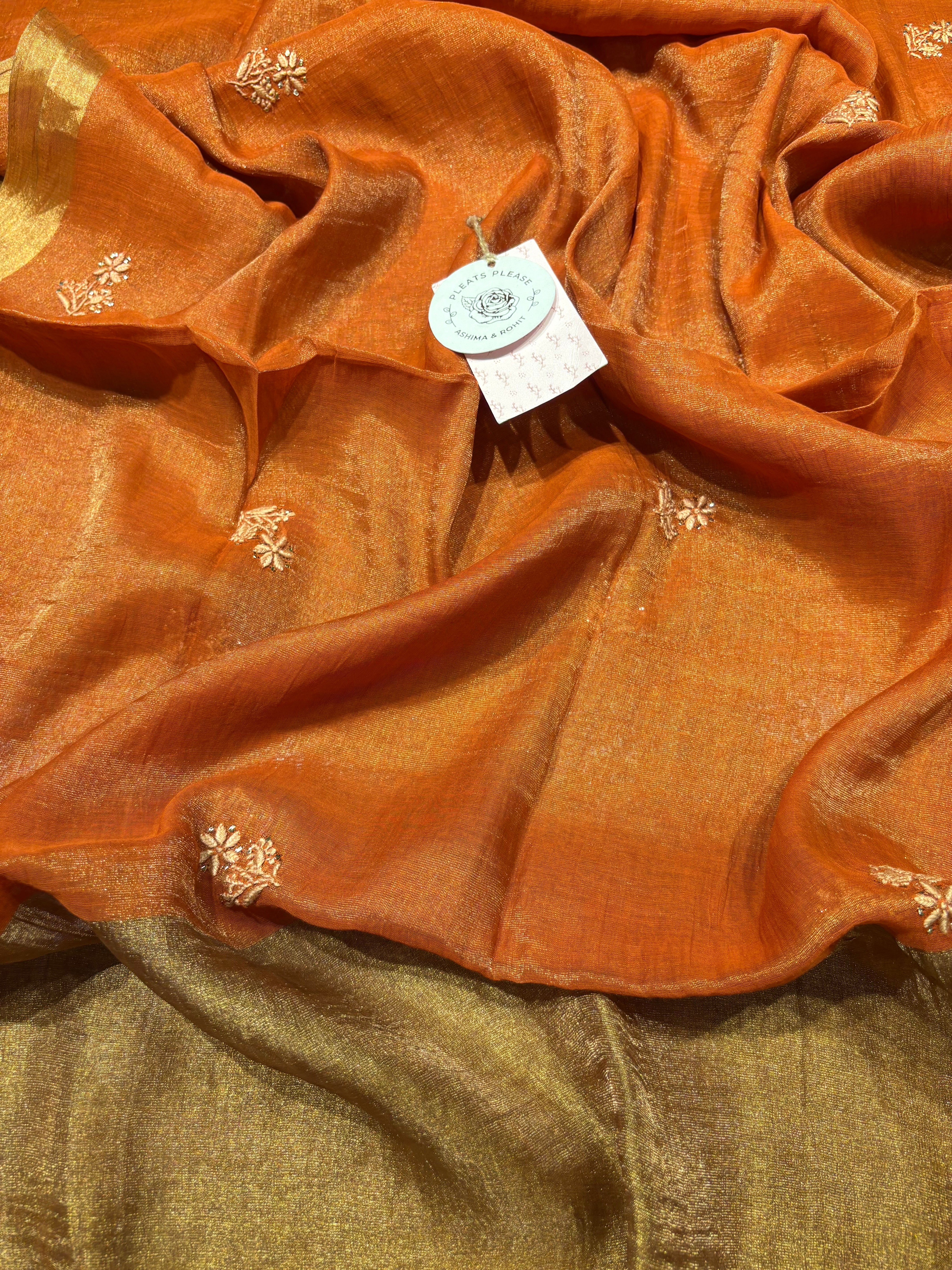Burnt Orange Pure Tissue Chikankari Kurta and Dupatta set