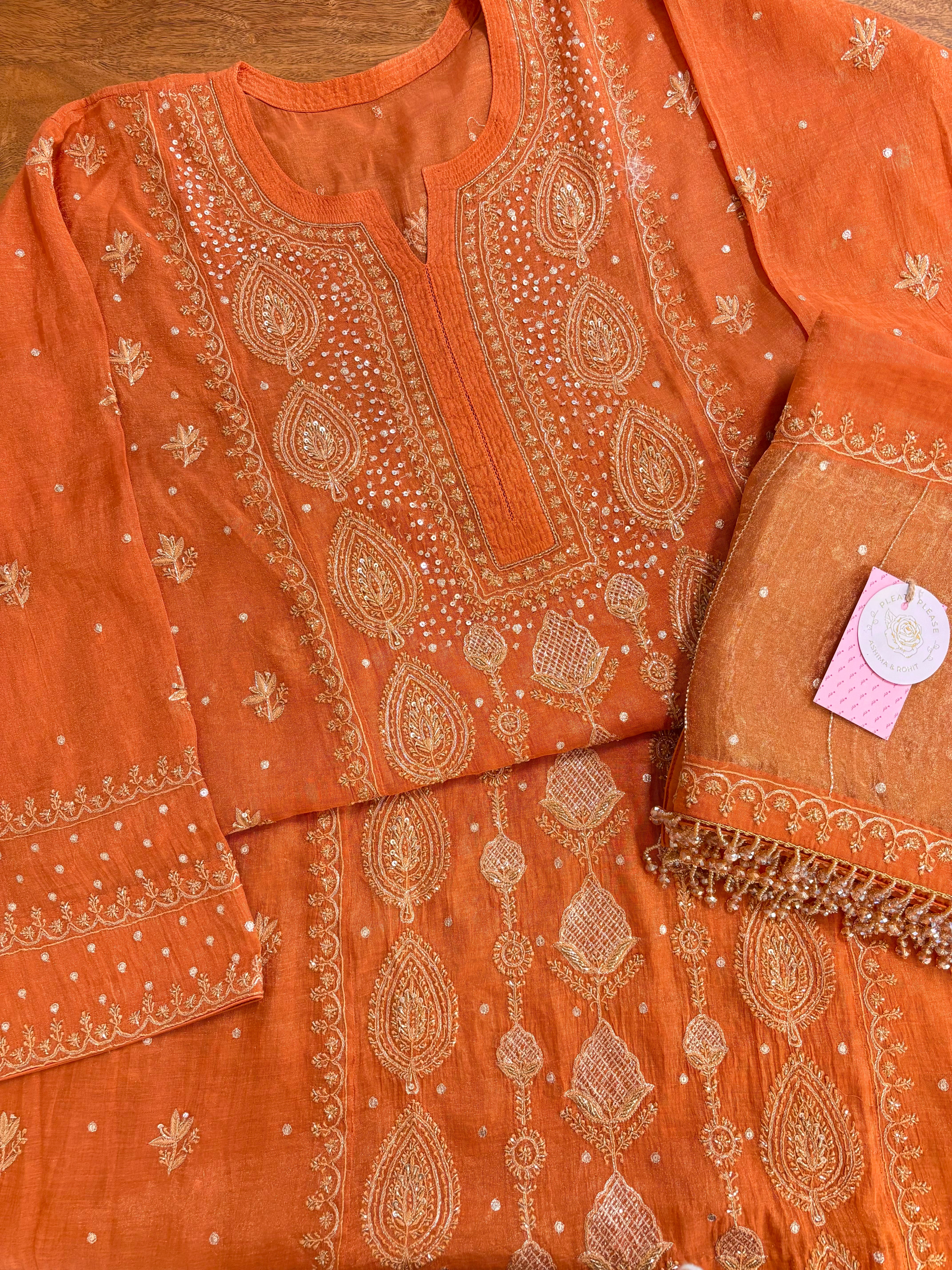 Burnt Orange Pure Tissue Chikankari Kurta & Dupatta