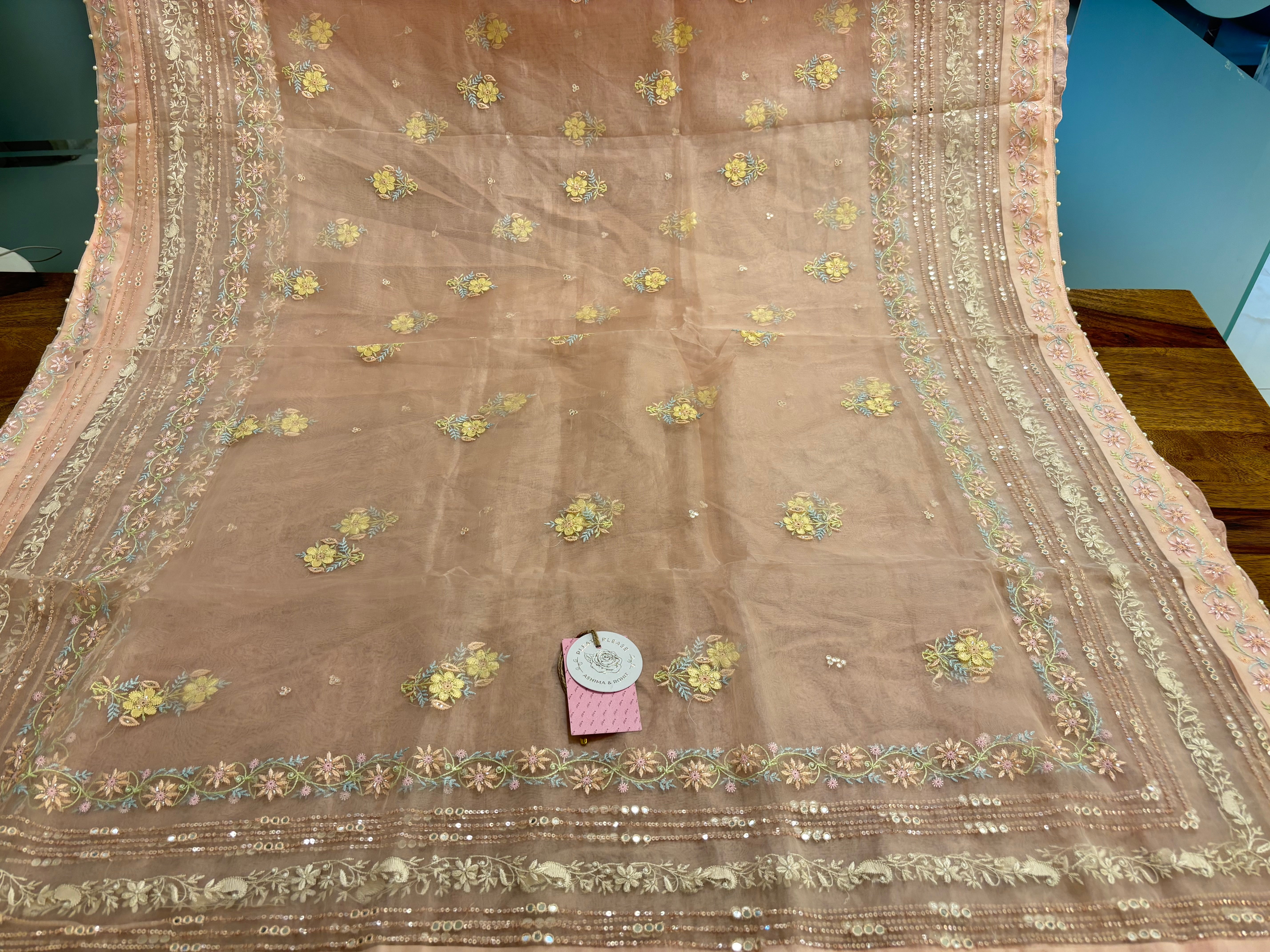 Pastel Peach Organza Mirror Chikankari Kurta & Dupatta