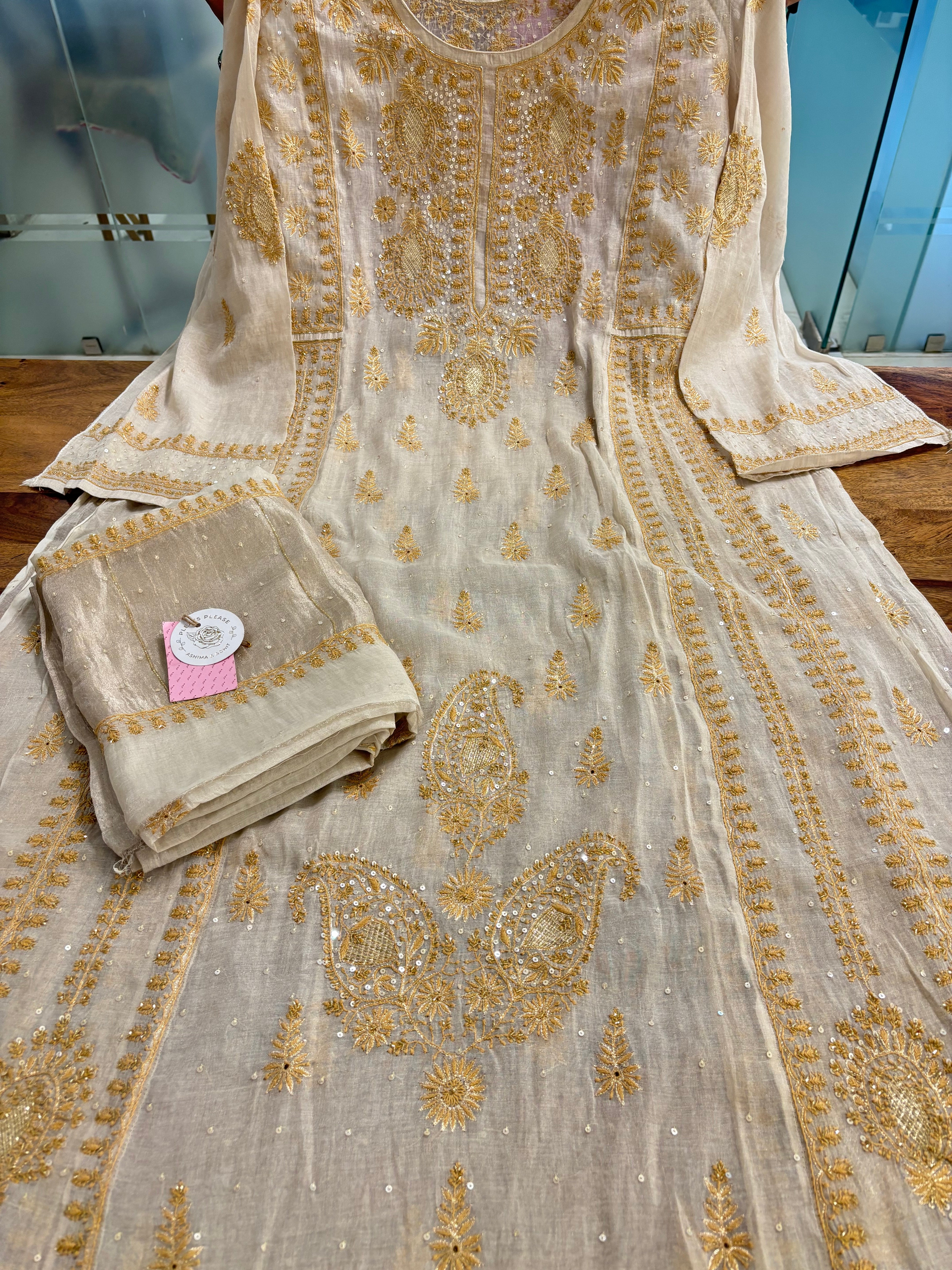 Dyeable Ivory Silver Pure & Premium Tissue Chikankari Kurta & Dupatta