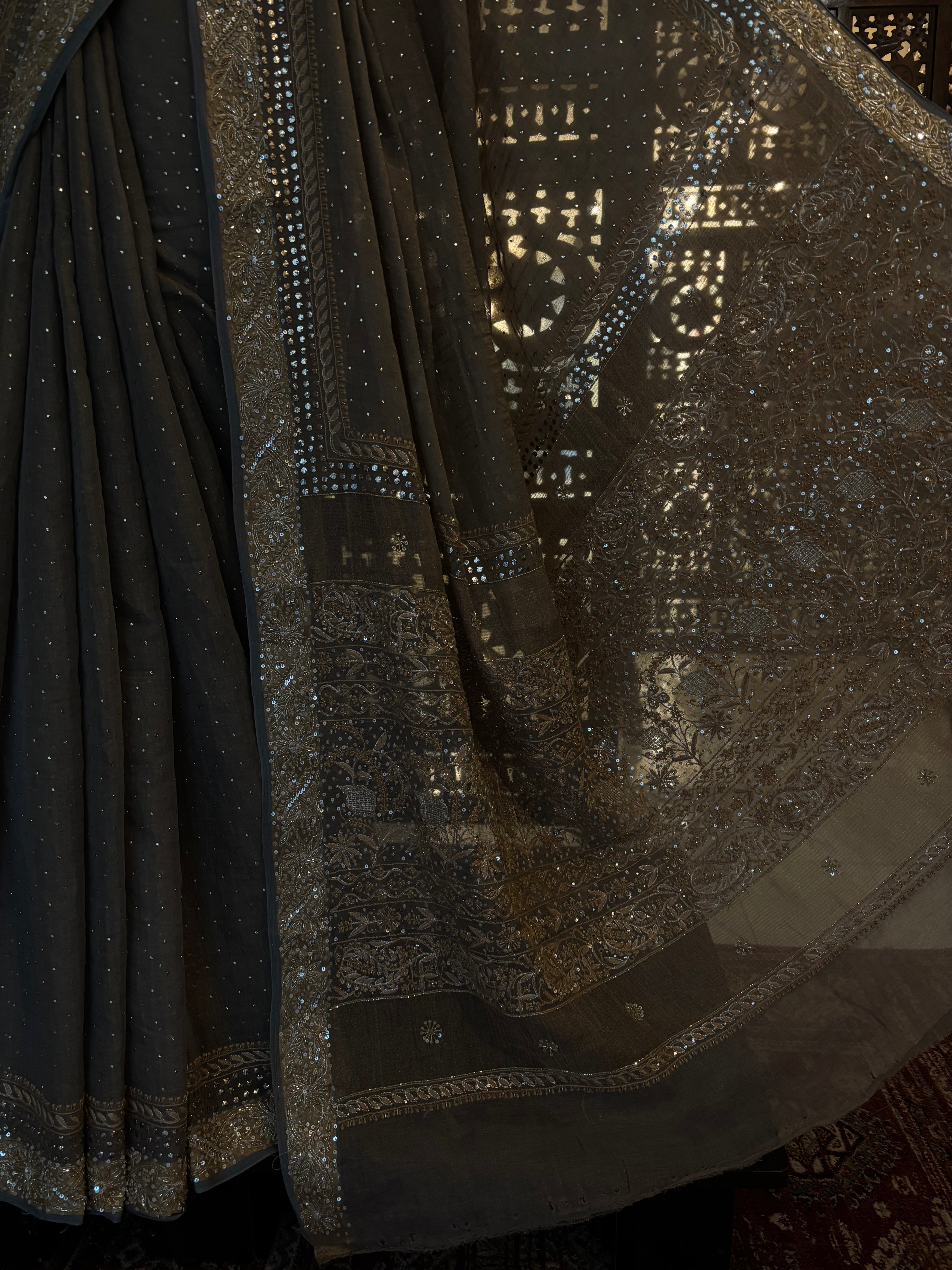 Sandrift Pure & Premium Tissue Mukaish Chikankari Saree