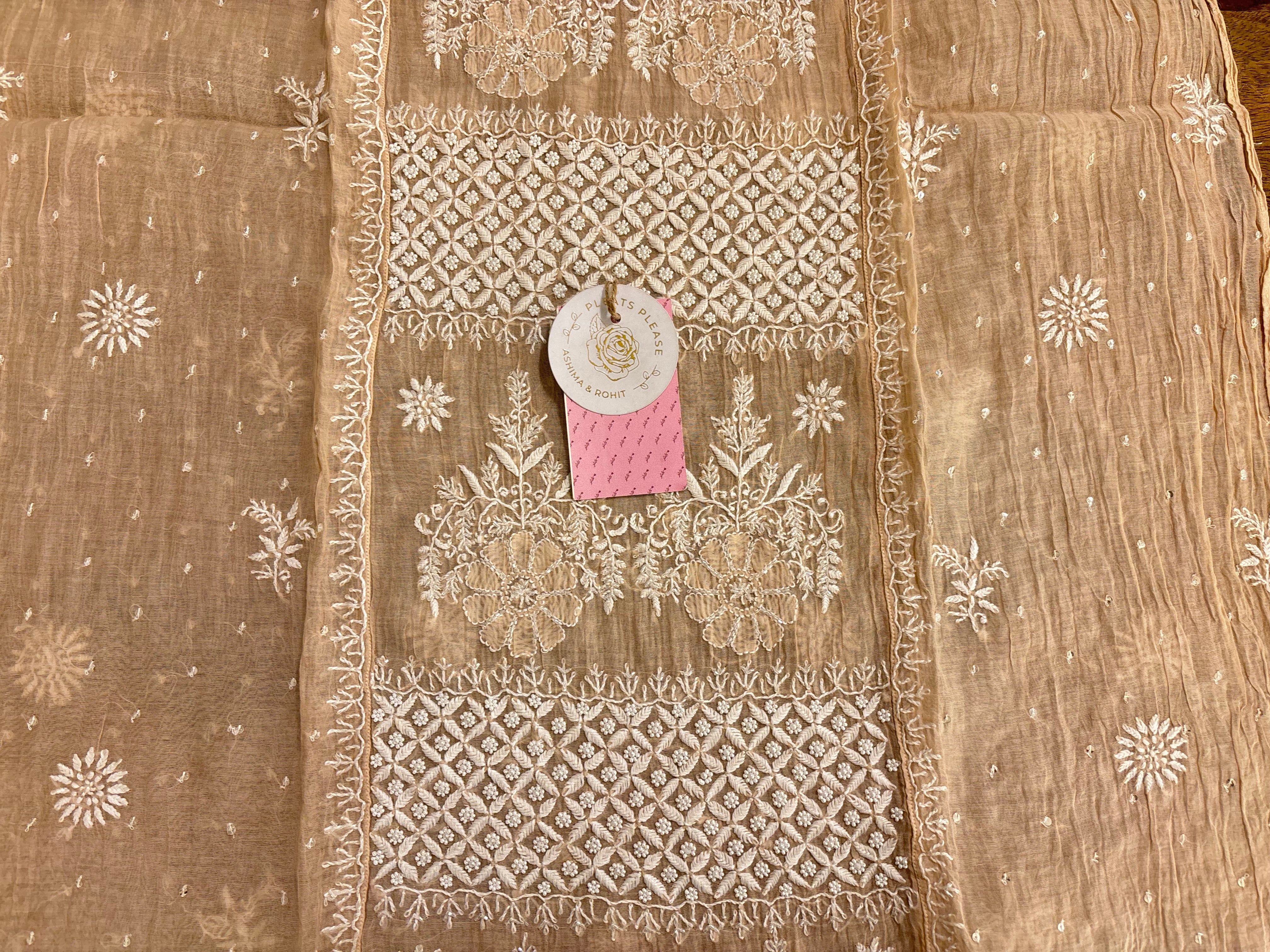 Pastel Peach Chanderi Chikankari Kurta & Dupatta