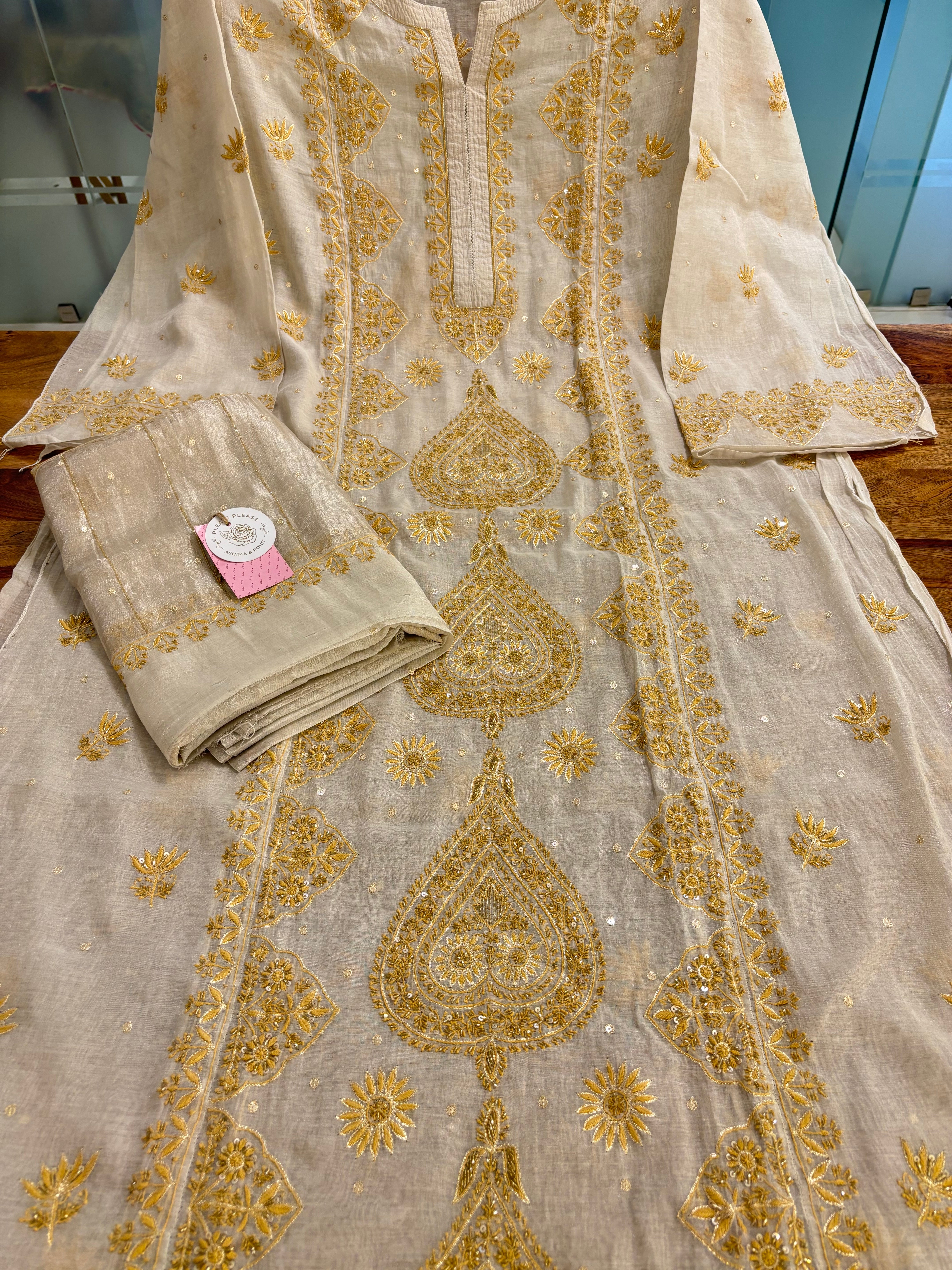 Dyeable Ivory Silver Pure & Premium Tissue Chikankari Kurta & Dupatta