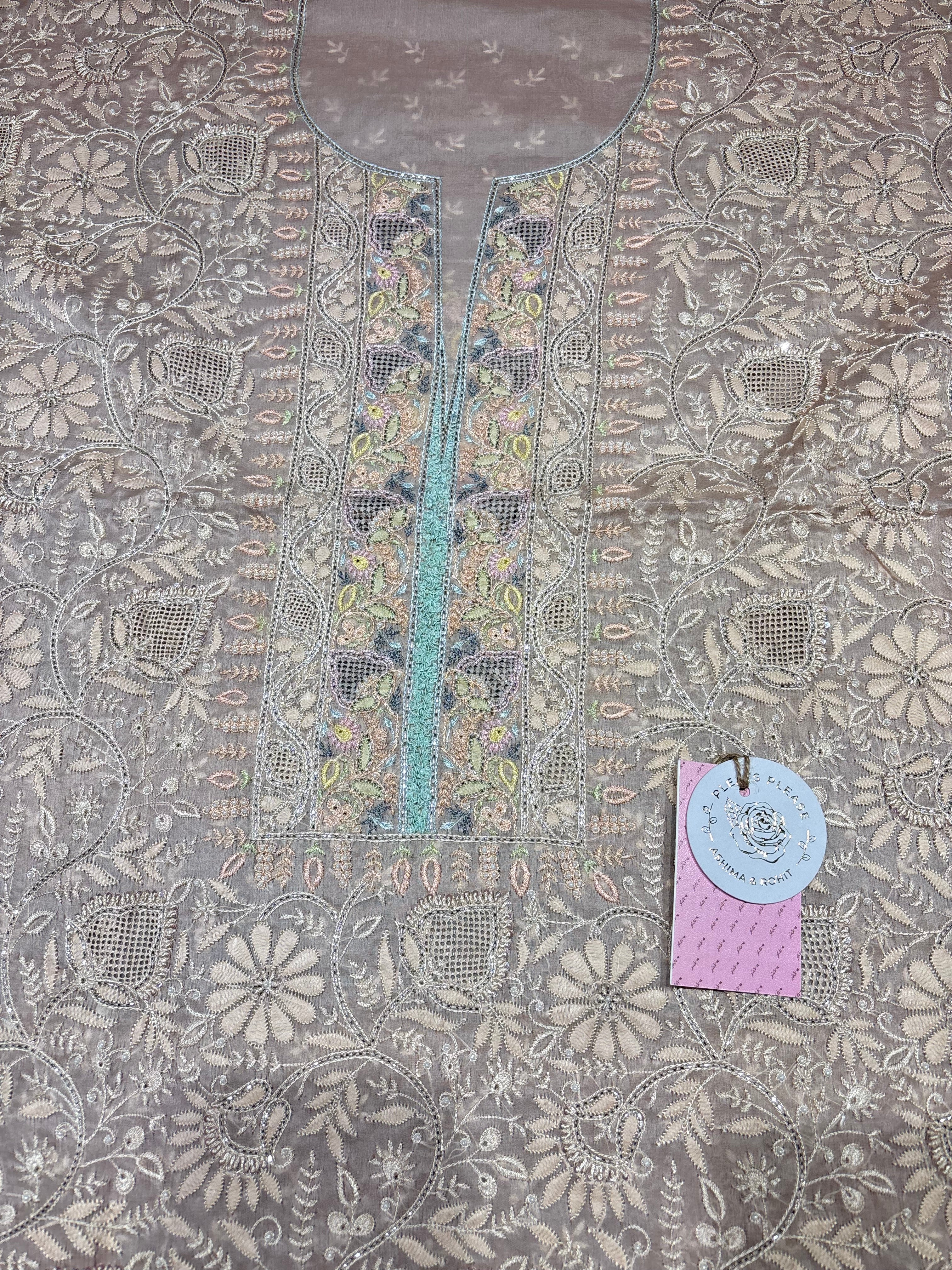 Peach Pure & Premium Organza Silk Chikankari Kurta & Dupatta Fabric