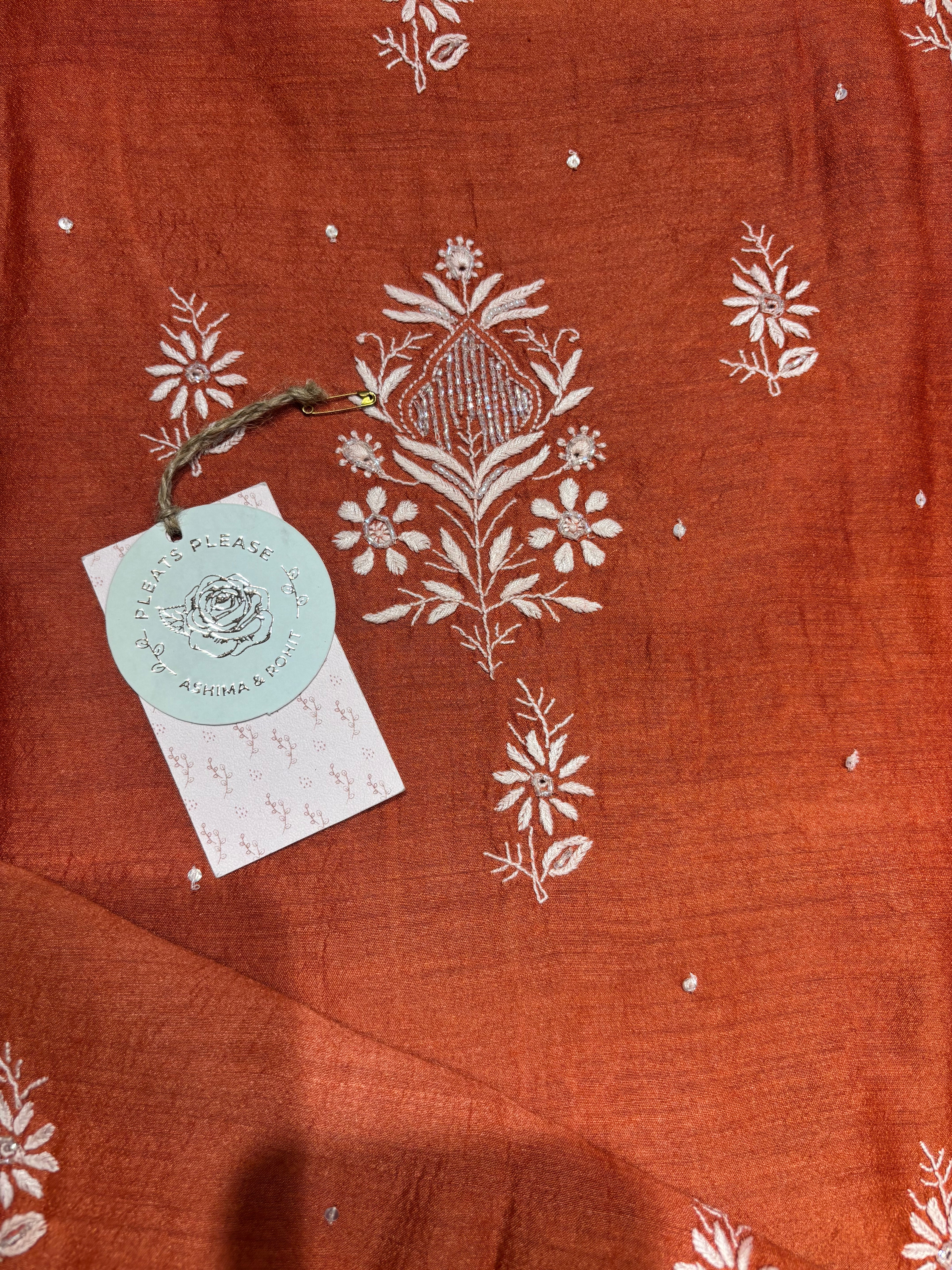 Outrageous Orange  Monga silk Chikankari Kurta and Dupatta set
