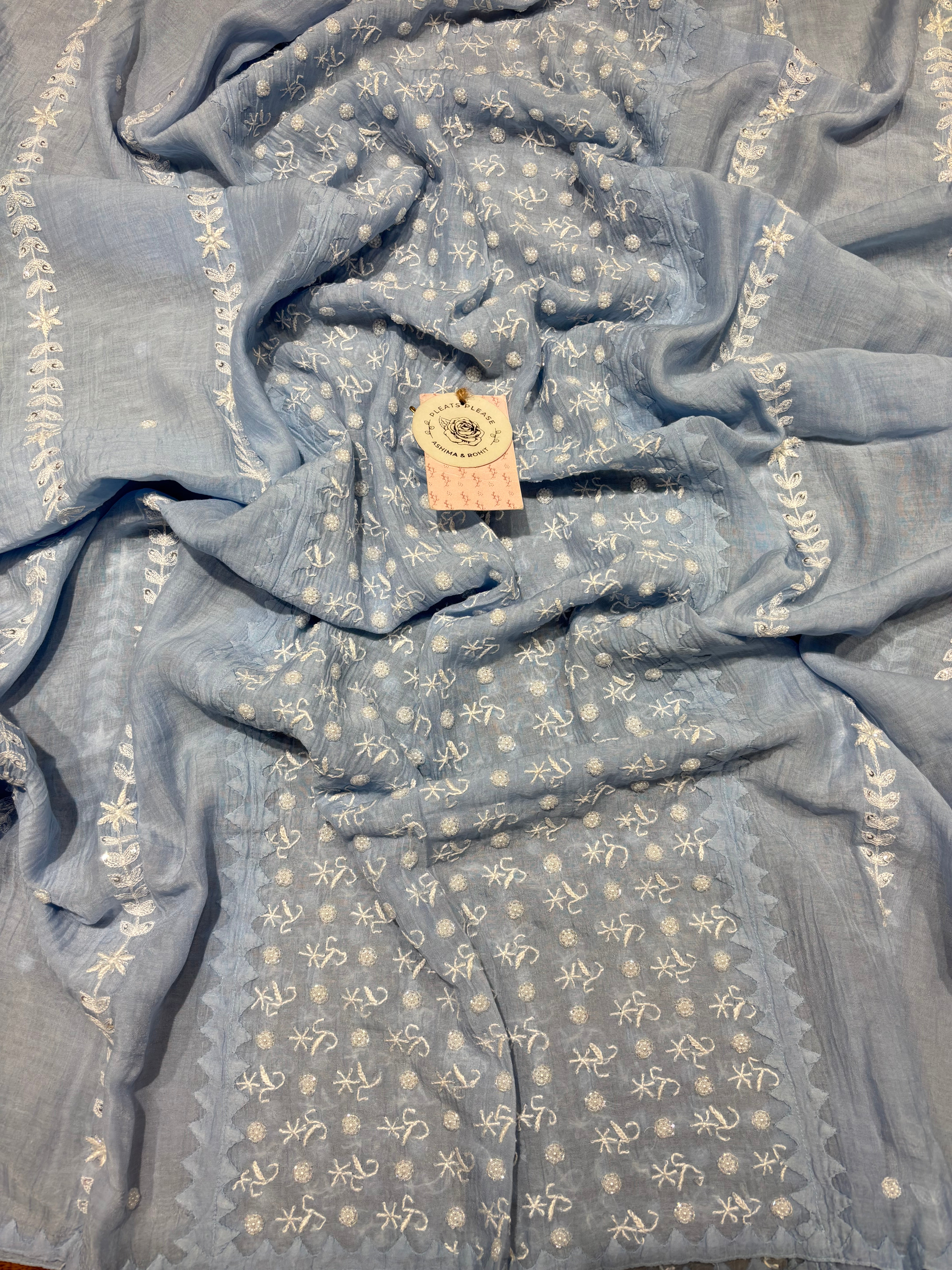 Powder Blue Chanderi Mul Chikankari  Anarkali & Dupatta Set