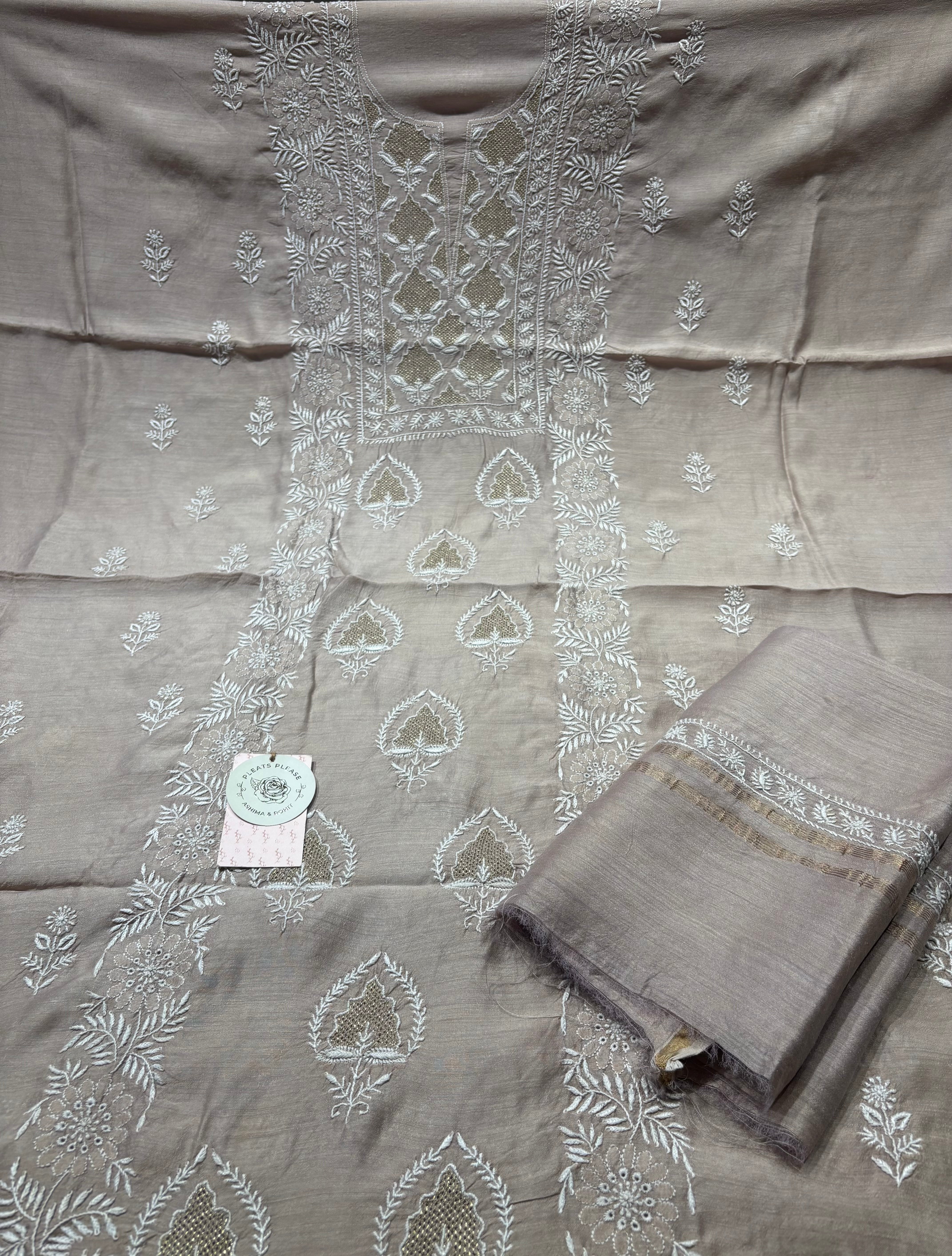 Dusty Mauve Monga Silk Chikankari Kurta And Dupatta Fabric