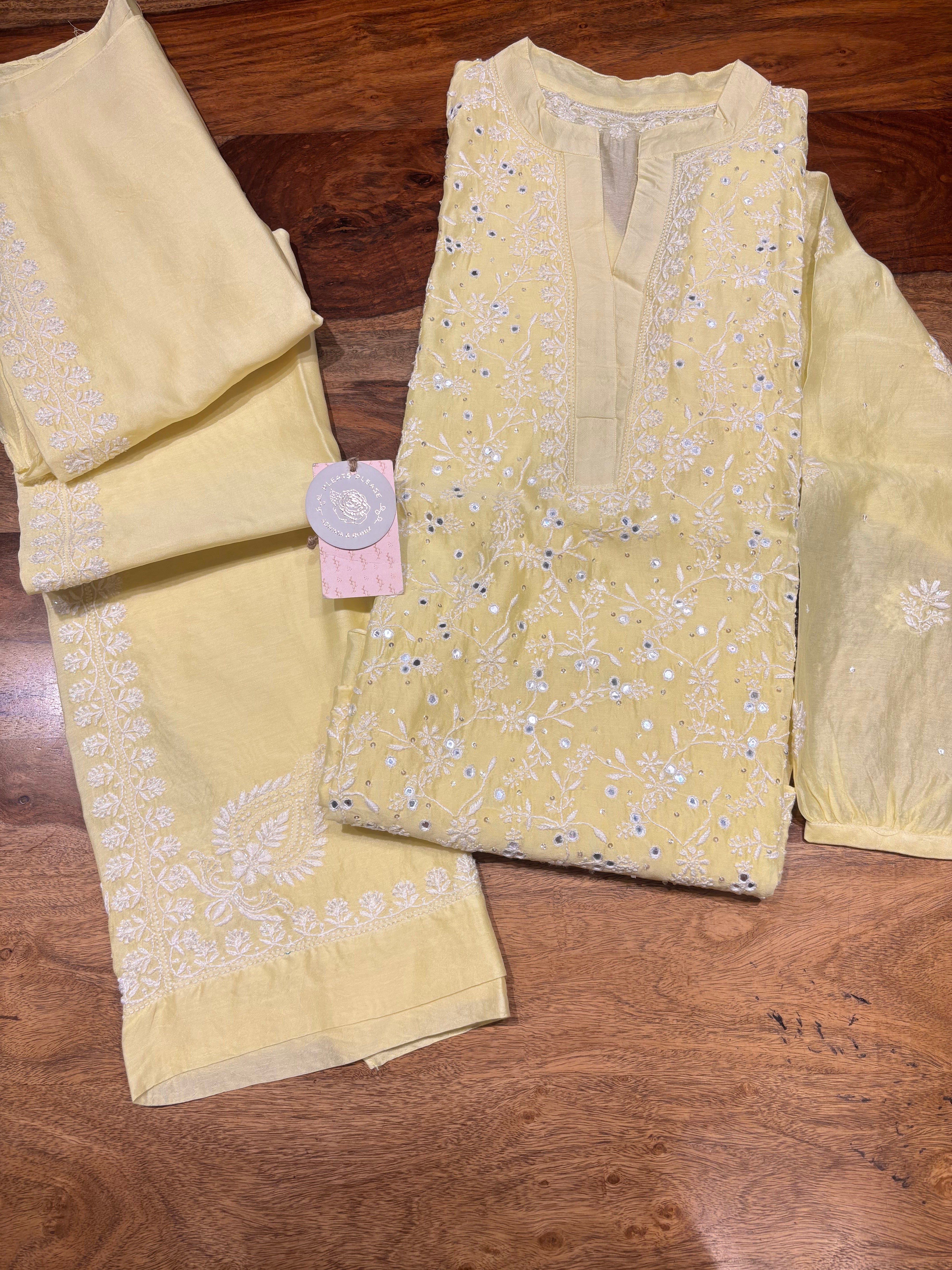 Lime Yellow Chanderi Silk Chikankari  Co-ord Set