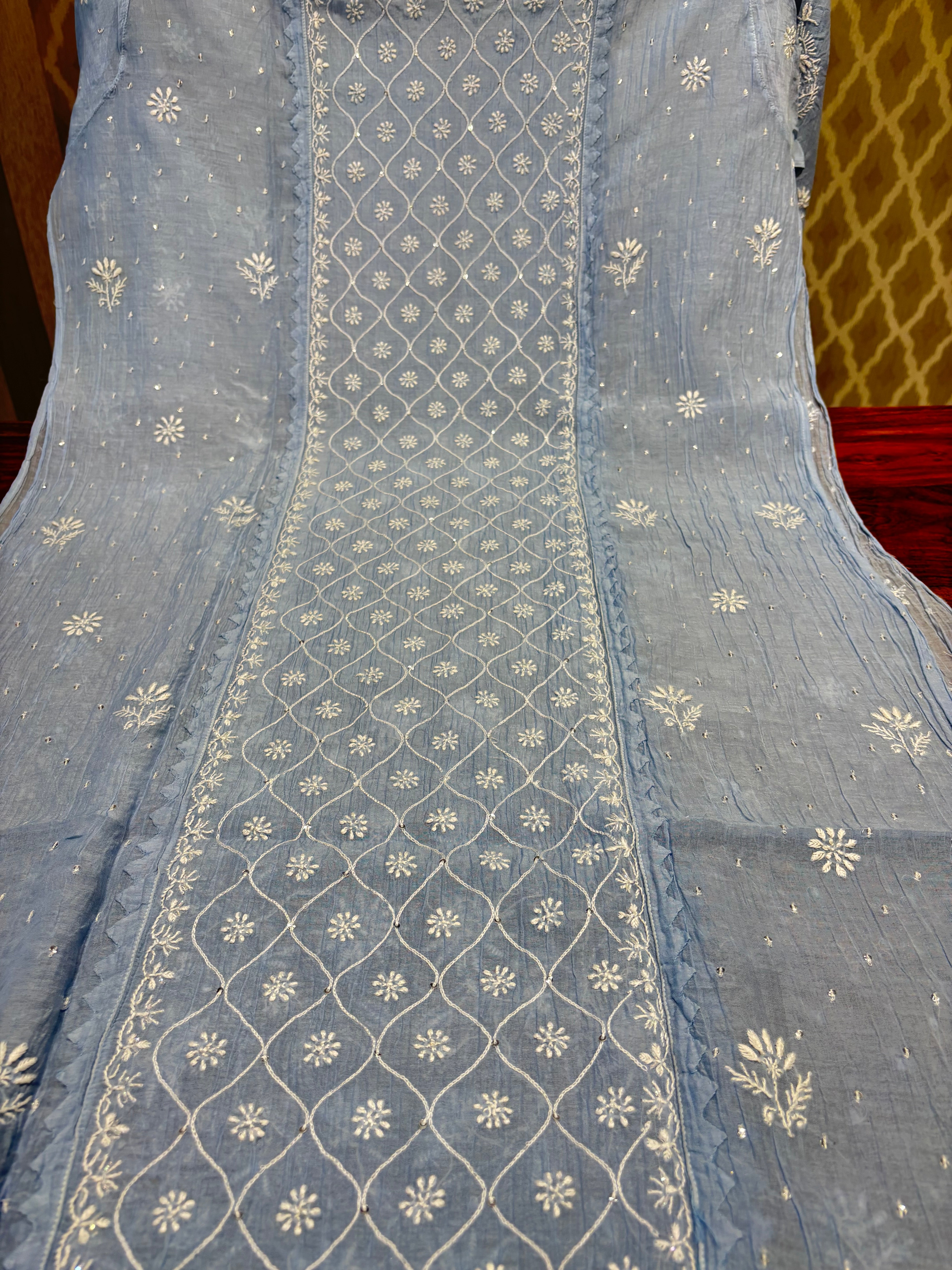Powder Blue Chanderi Mul  Chikankari Kurta and Dupatta set