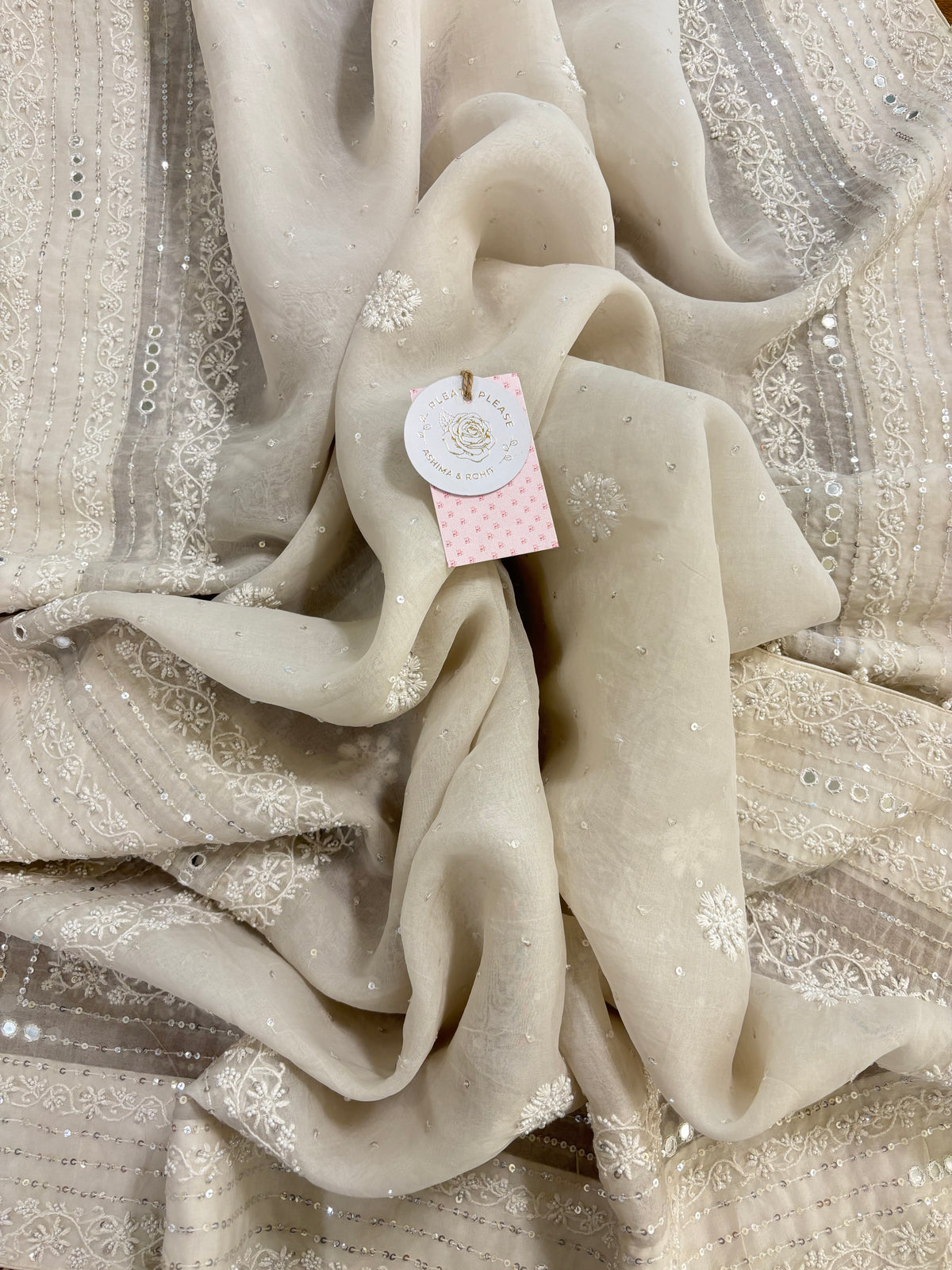 Dyeable Pure Organza Chikankari Kurta, Dupatta With Bottom