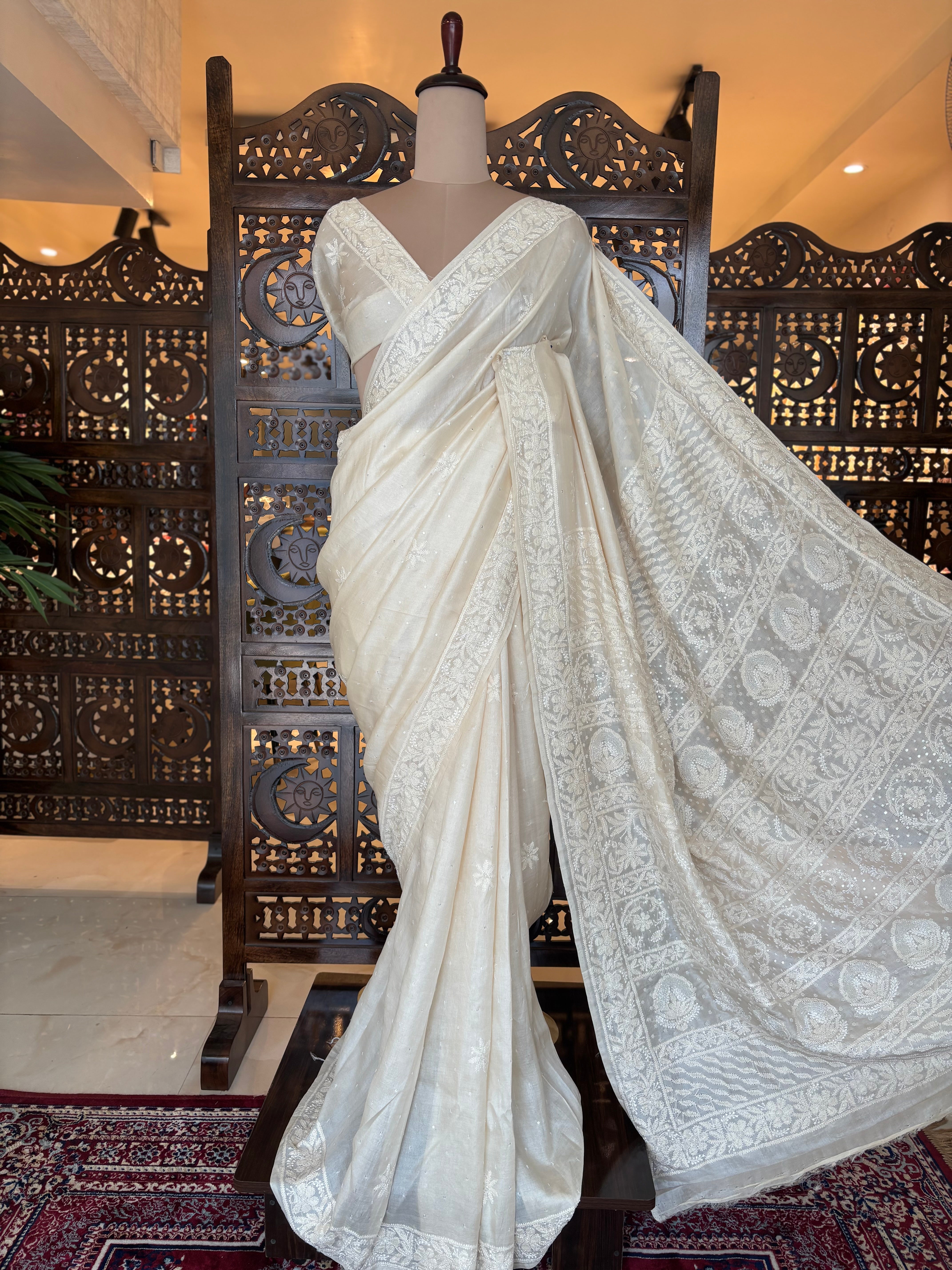 Dyeable Pure & Premium White Tussar Silk Chikankari Saree & Blouse
