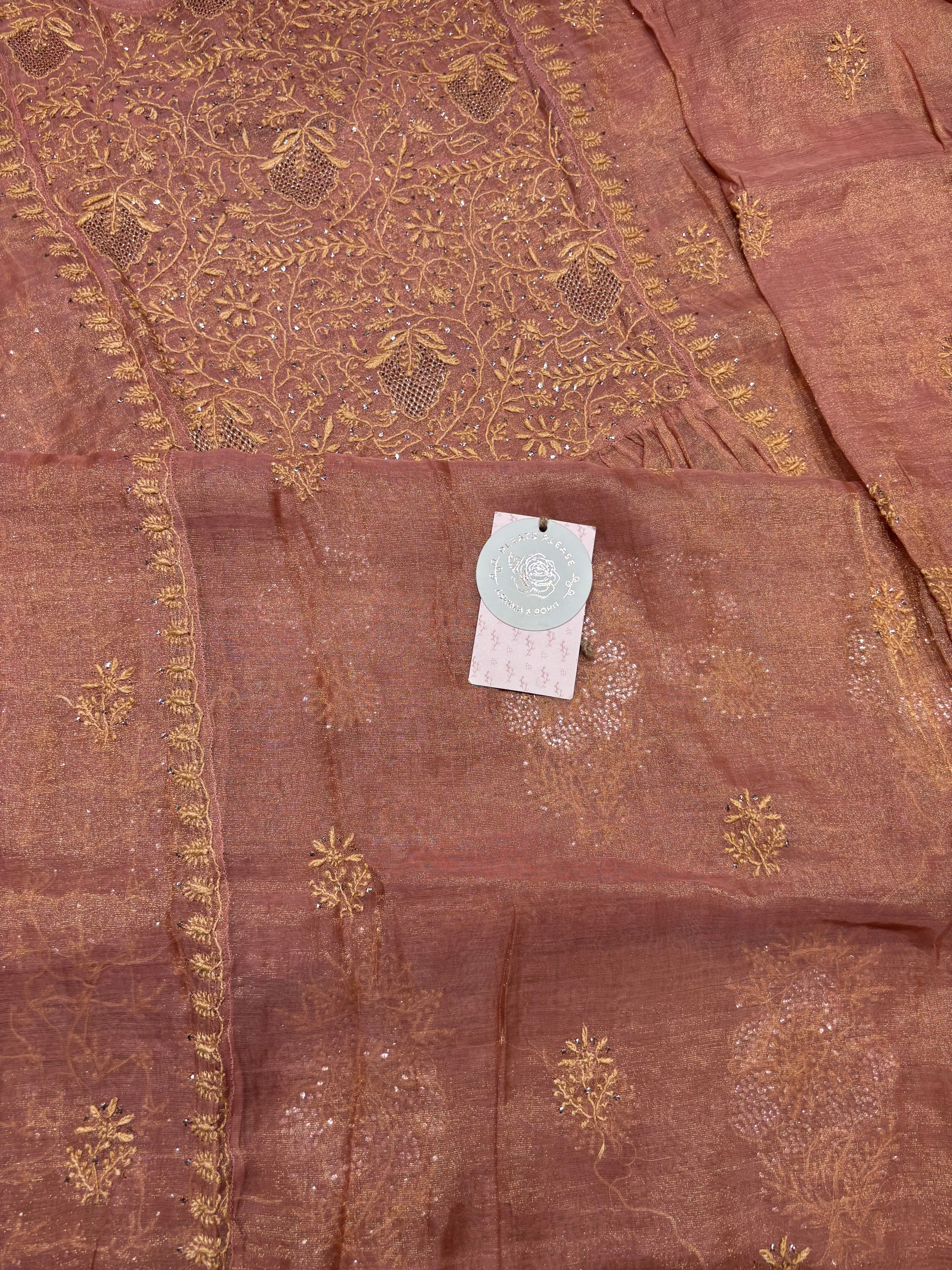 Rose Gold pure & Premium Tissue Chikankari & Mukaish Angrakha Kurta and Dupatta Set