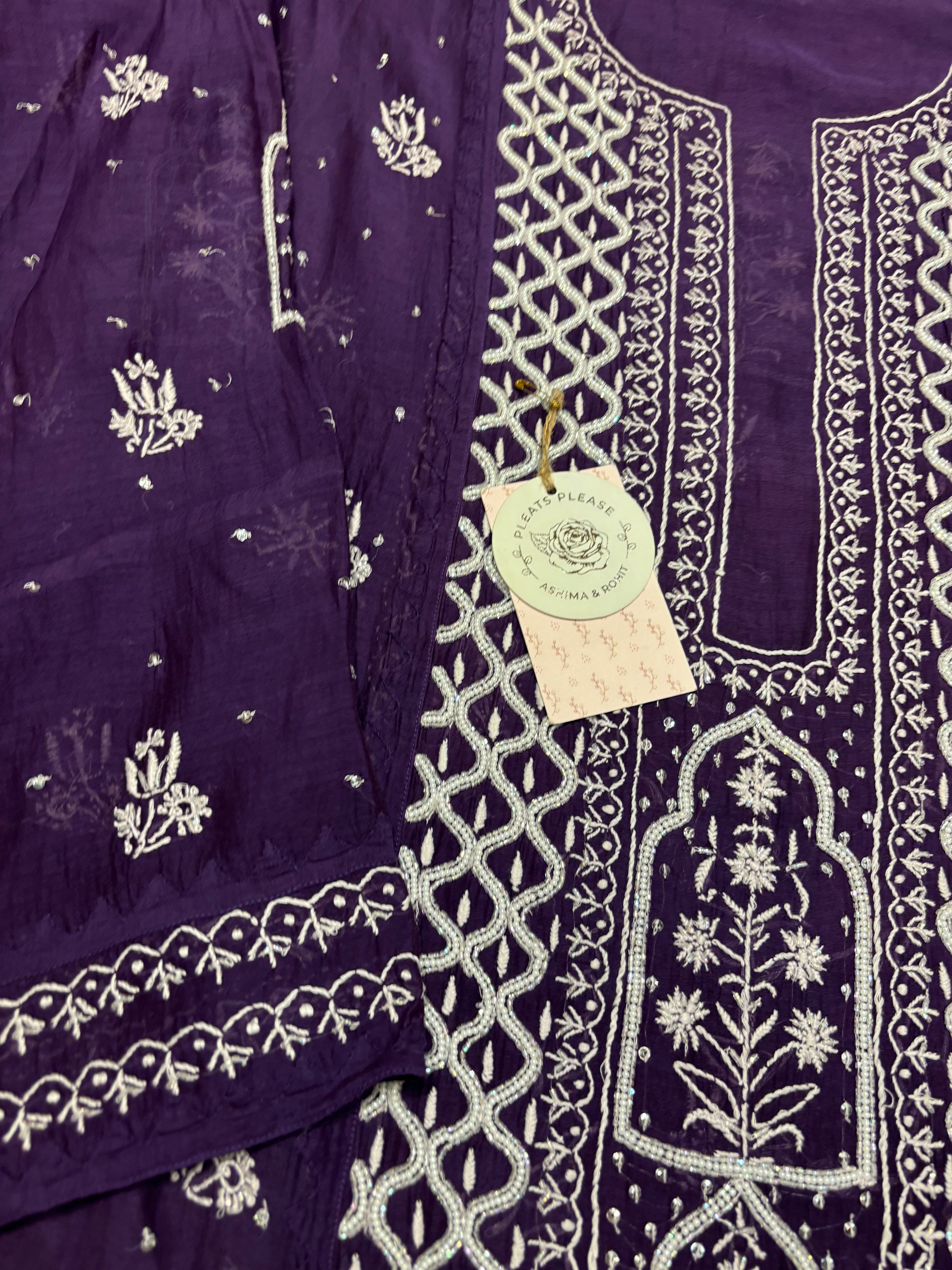 Aubergine Bloom Chanderi Mul Chikankari Kurta And Dupatta Set