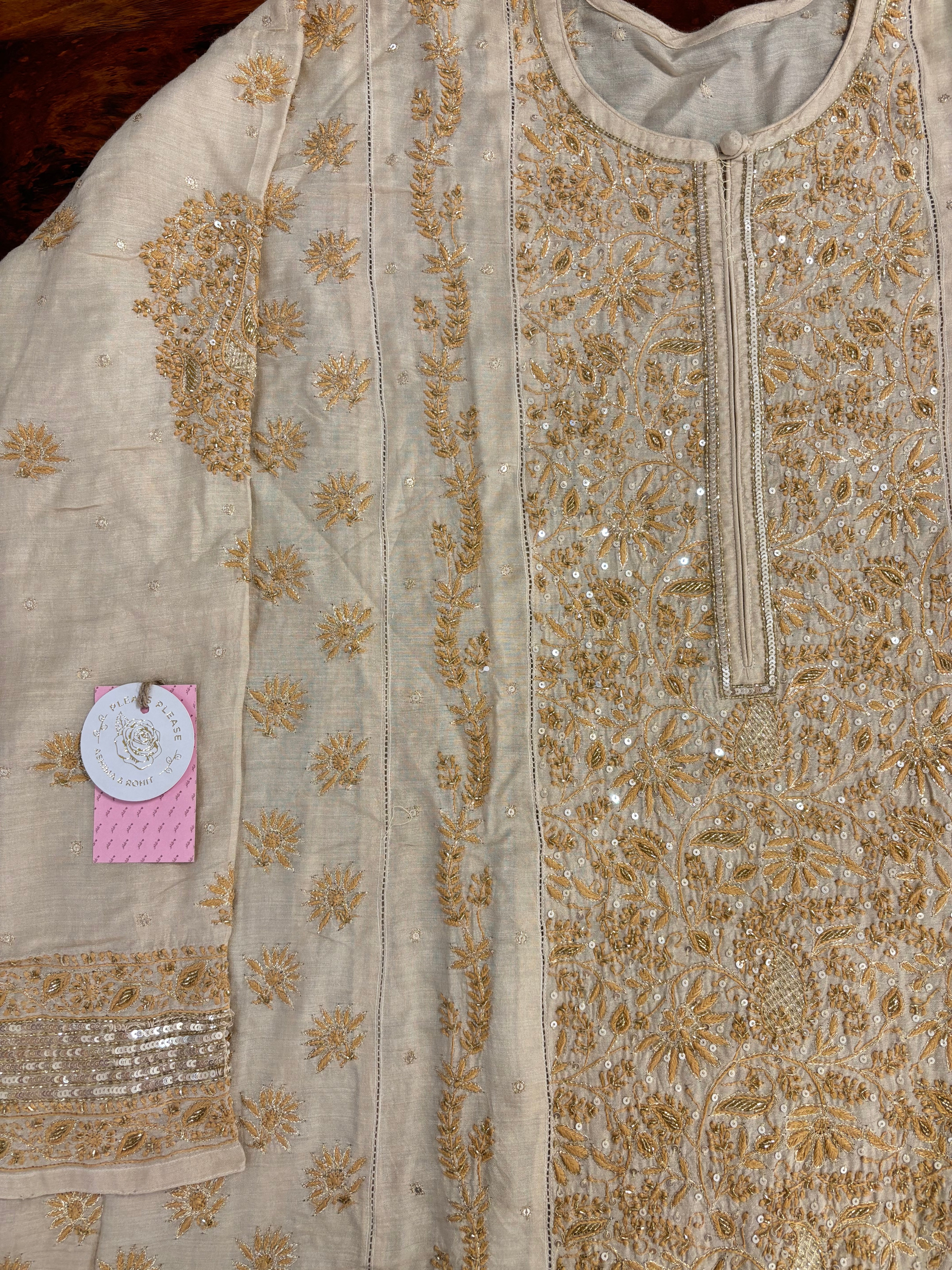 Dyeable Natural Monga Silk Chikankari A-Line Kurta & Dupatta - Pleats PleaseChikankari