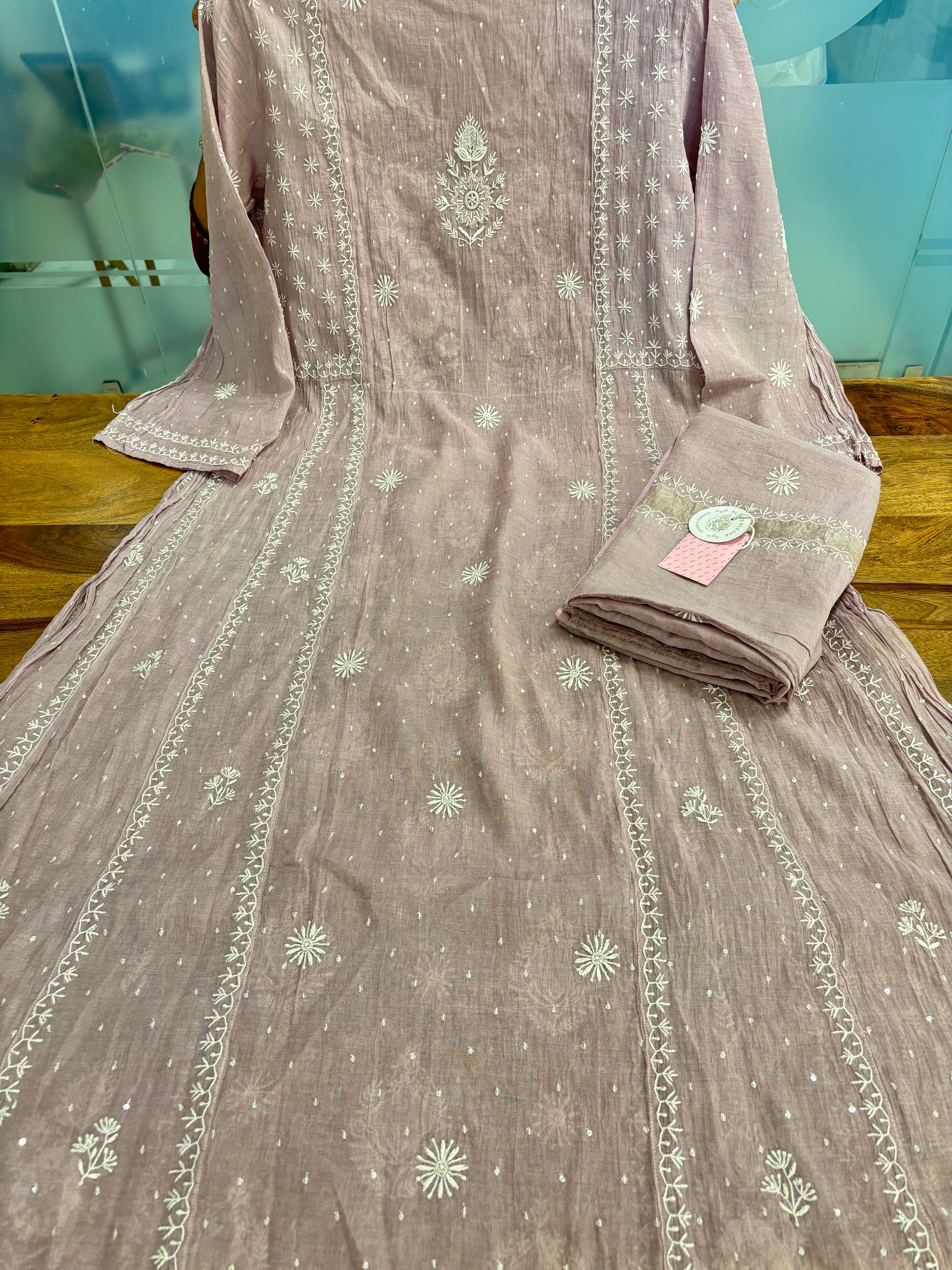 Mauve Pink Pure Tissue Chikankari Anarkali & Dupatta Set