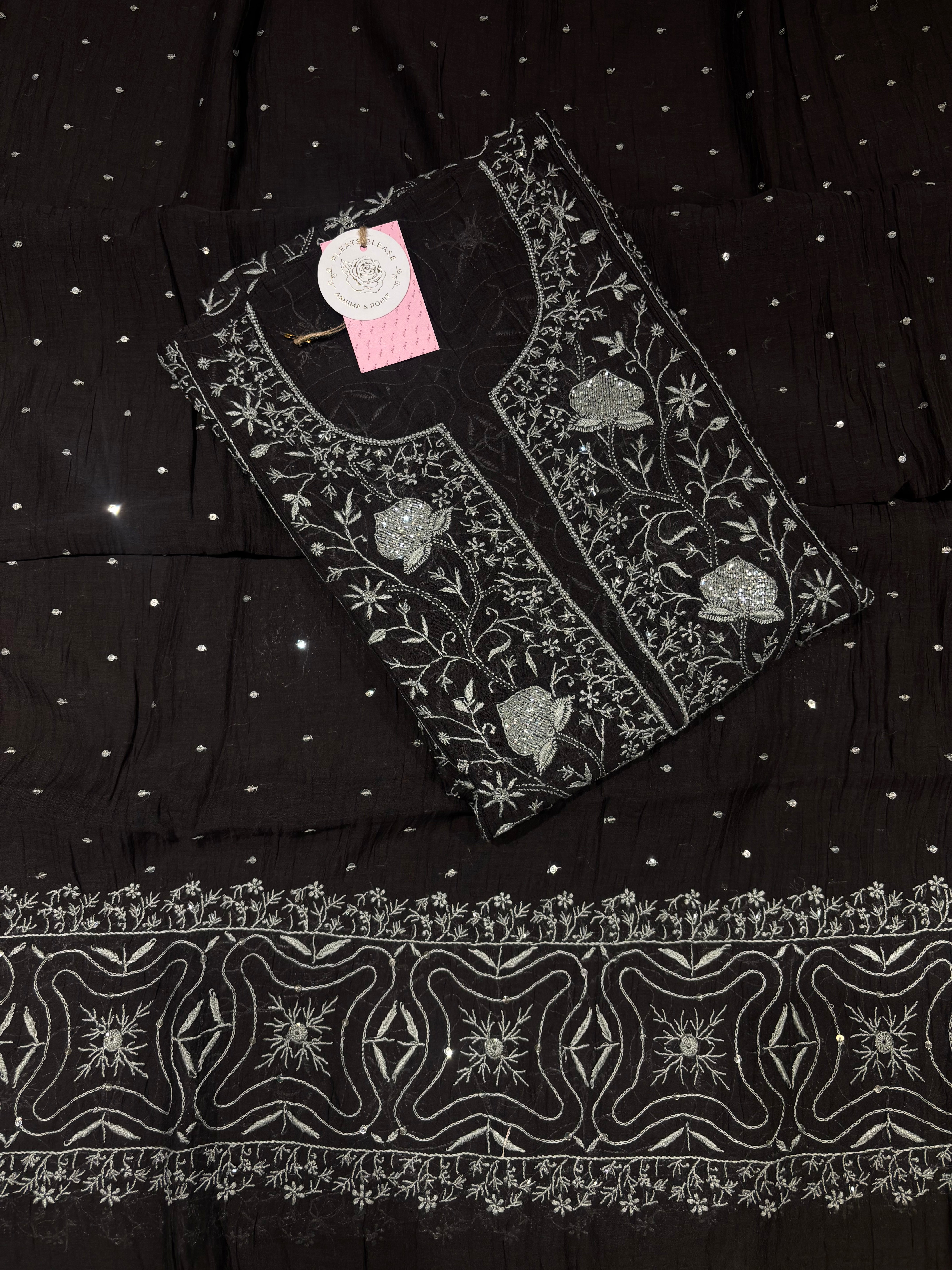 Black Chanderi Mul Chikankari Kurta & Dupatta Set