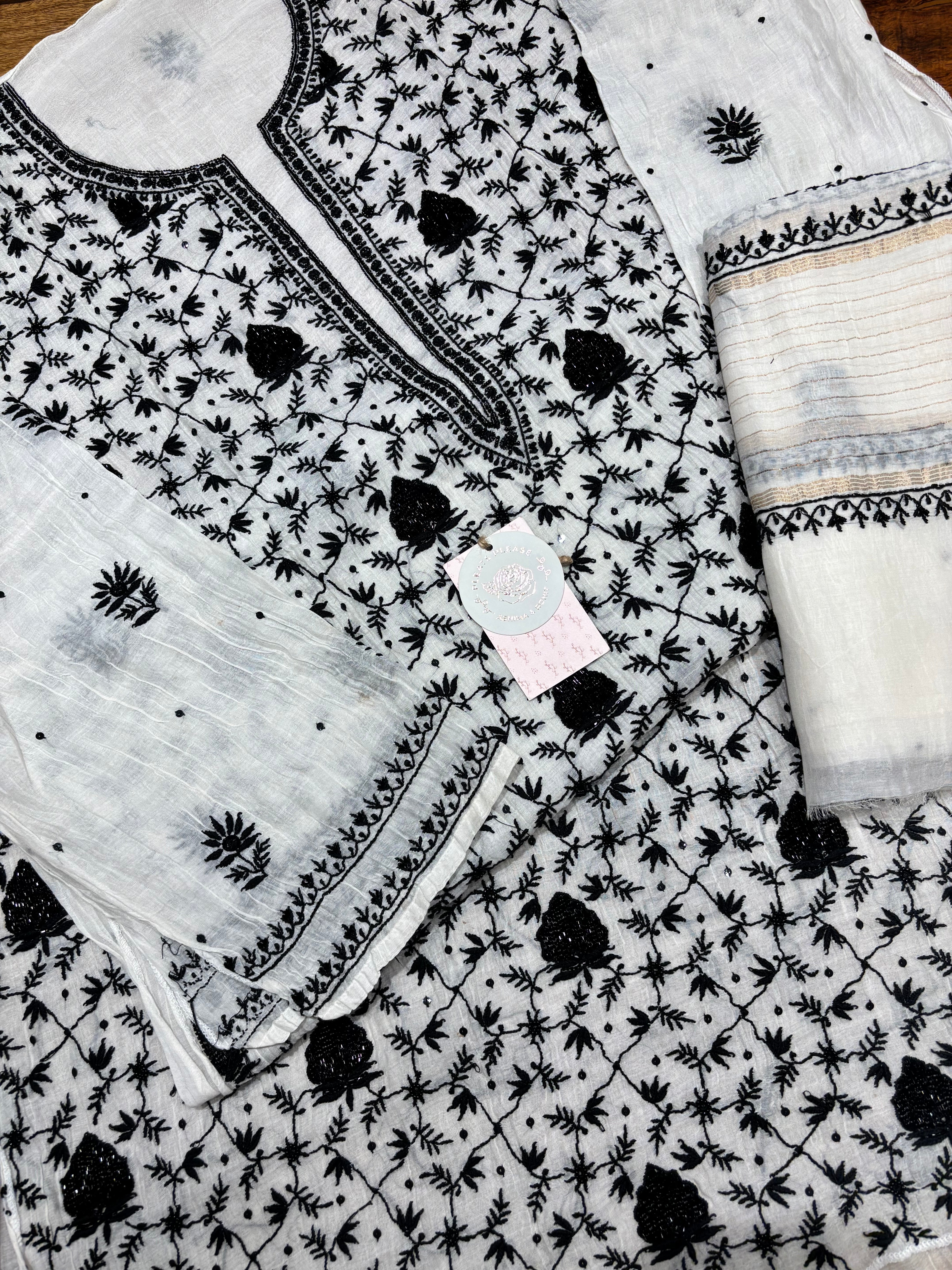 Dyeable chanderi Mul Chikankari Kurta and Dupatta Set