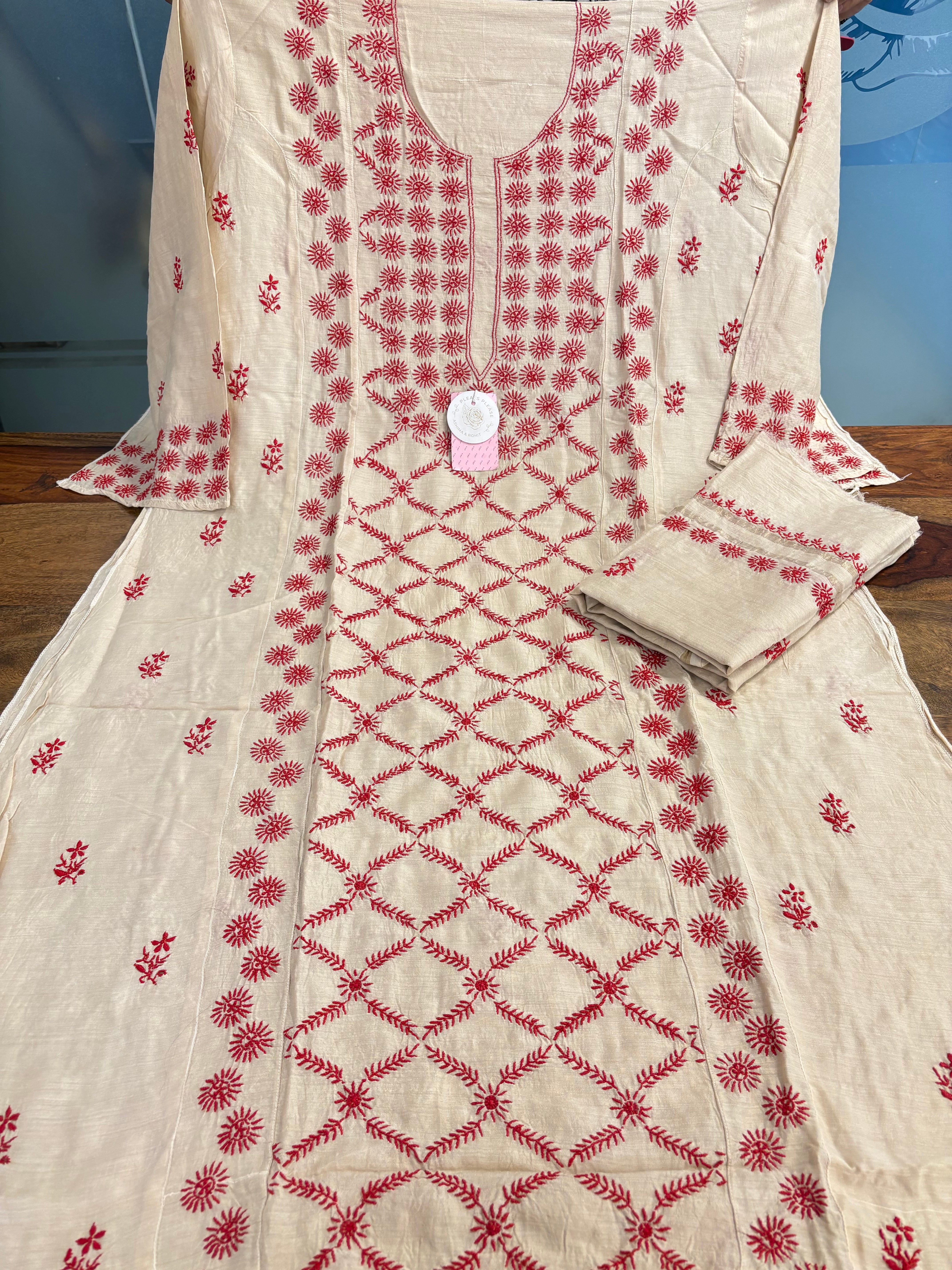 Dyeable Munga Silk Chikankari Kurta & Dupatta Set