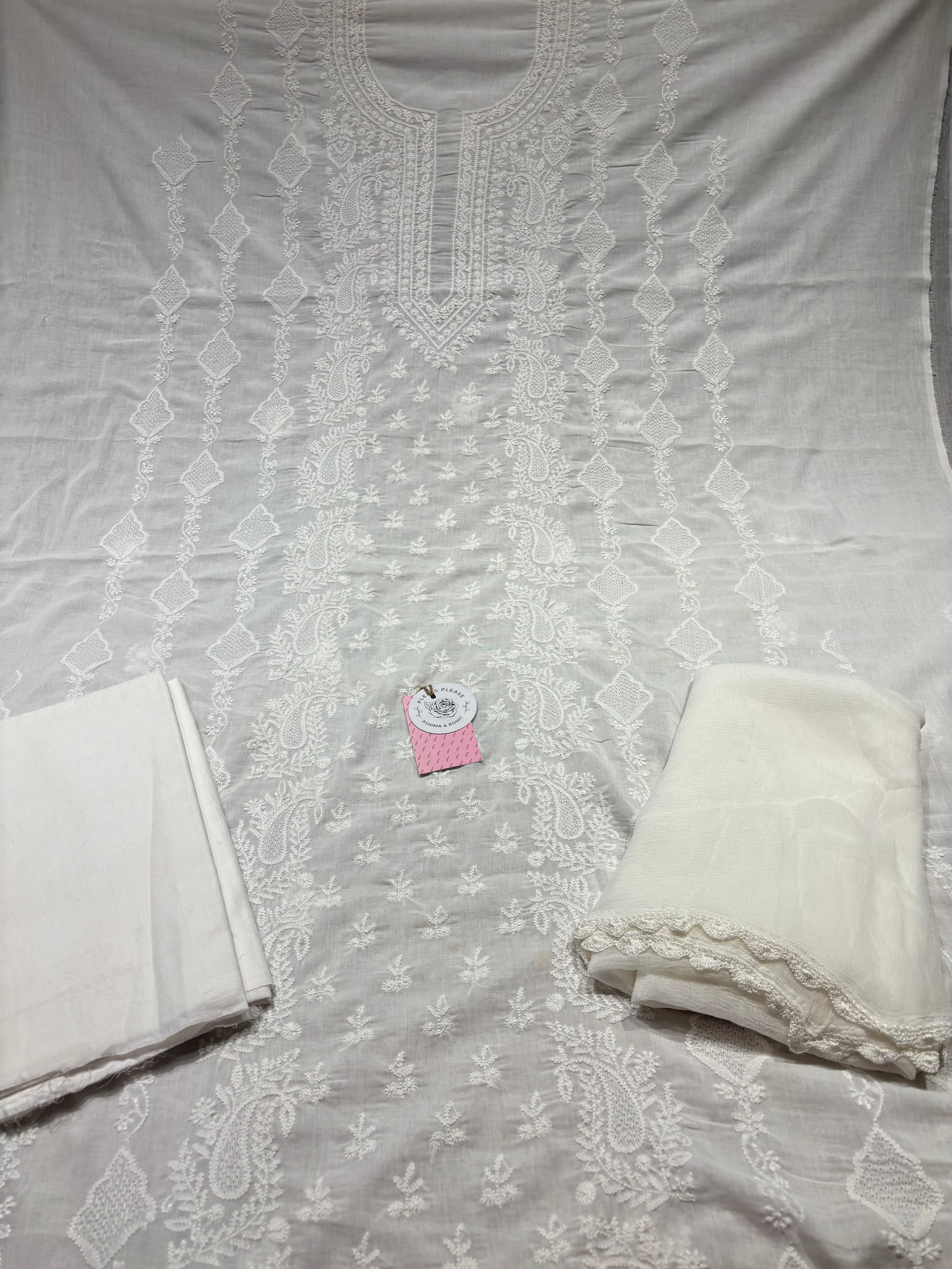 Dyeable Mulmul Chikankari Kurta, Dupatta & Bottom Fabric