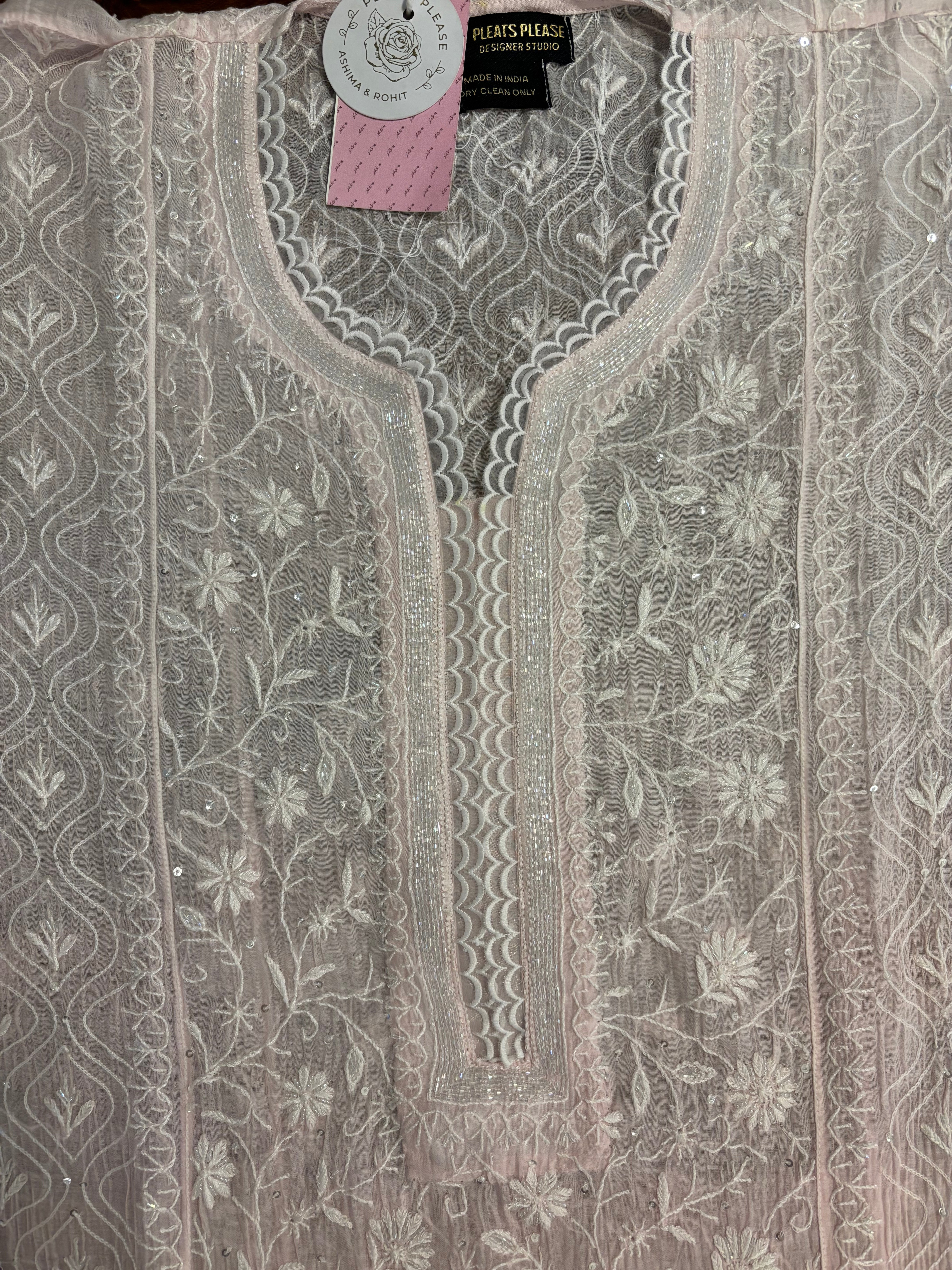 Pink Ombré Chanderi Mul Chikankari Kurta & Dupatta With Bottom