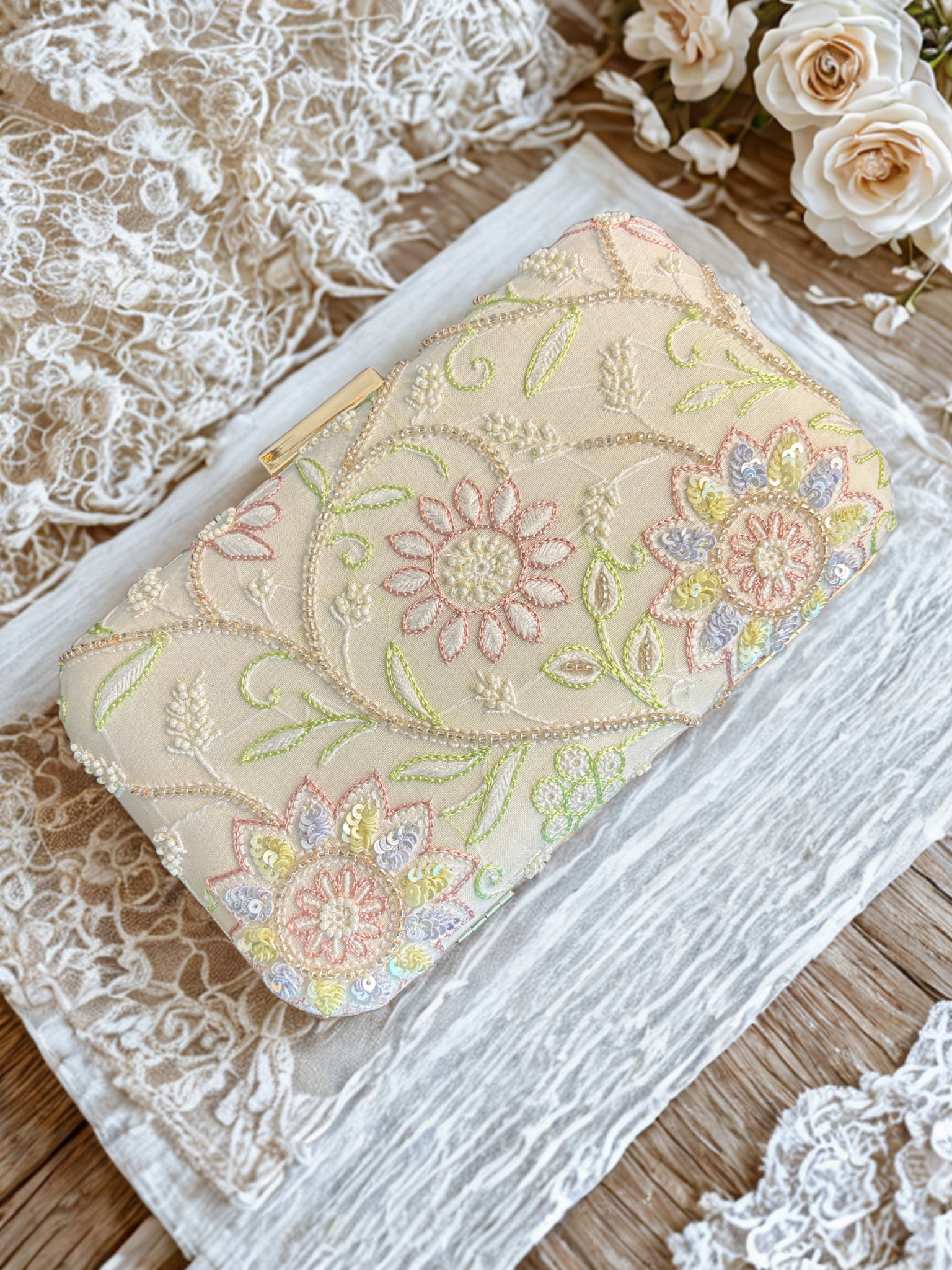 Off White Chikankari Clutch