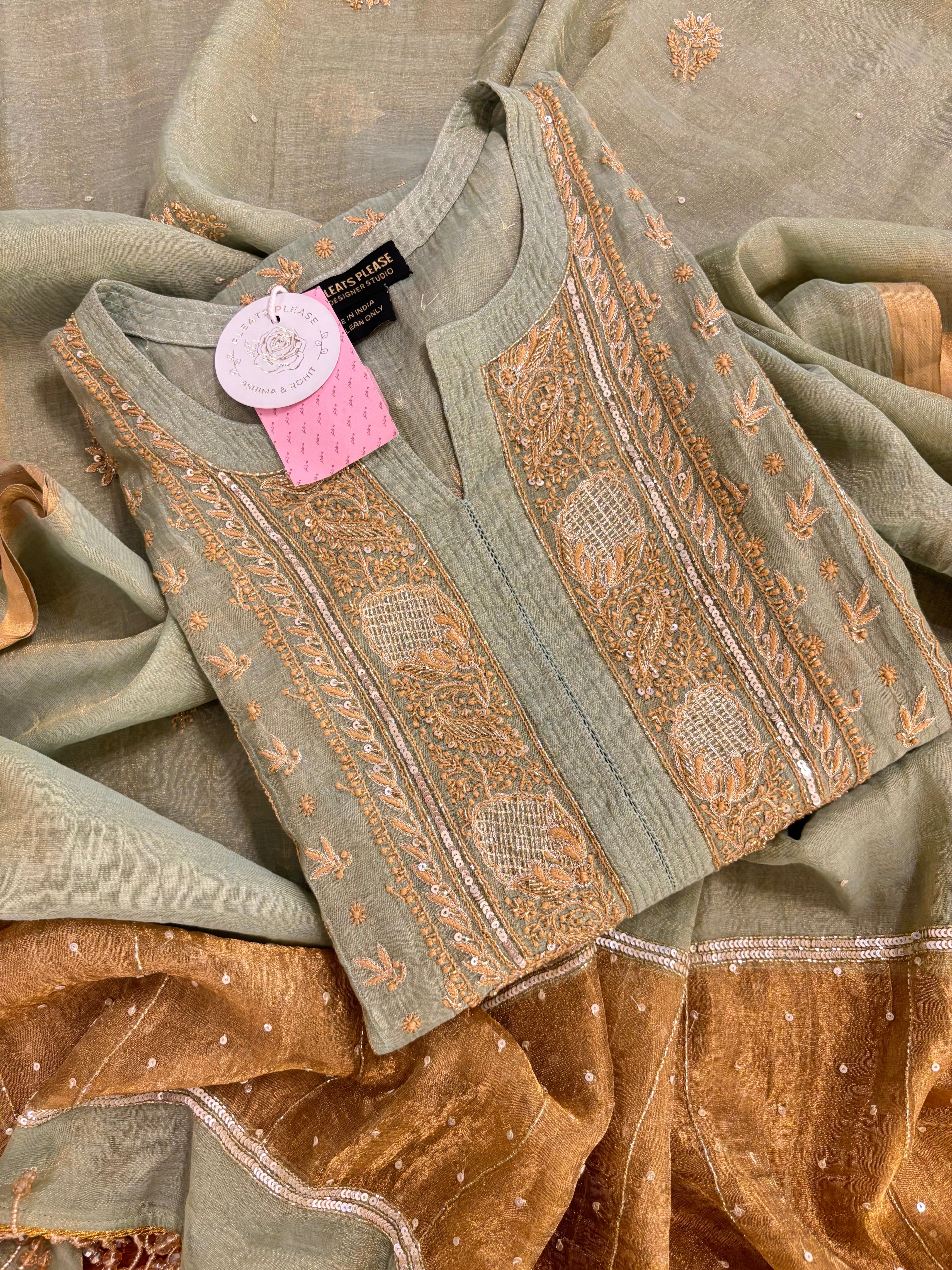 Pistachio Green Pure & Premium Tissue Chikankari Kurta & Dupatta