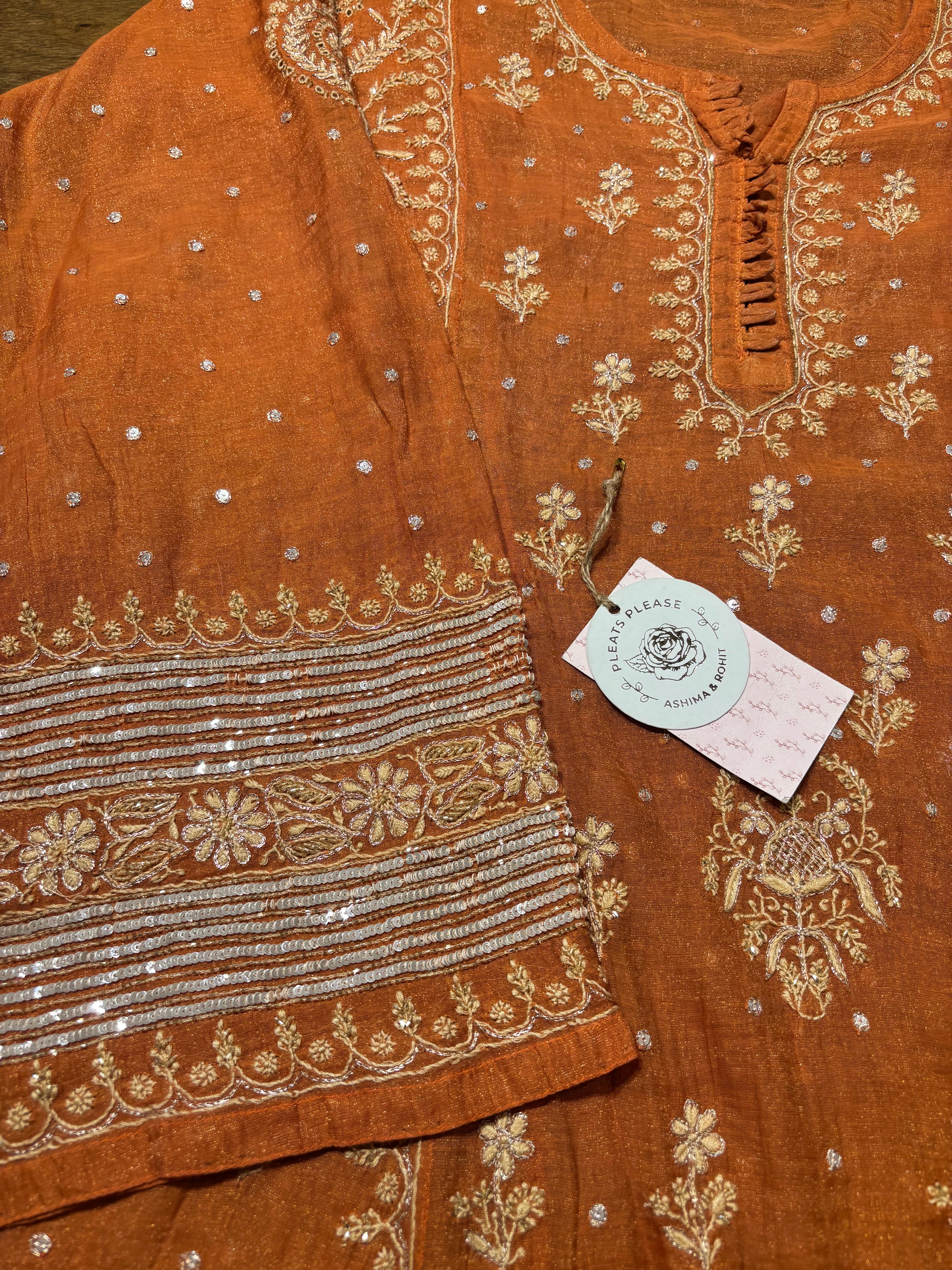 Burnt Orange Pure And Premium Tissue Chikankari Anarkali, Dupatta And Bottom