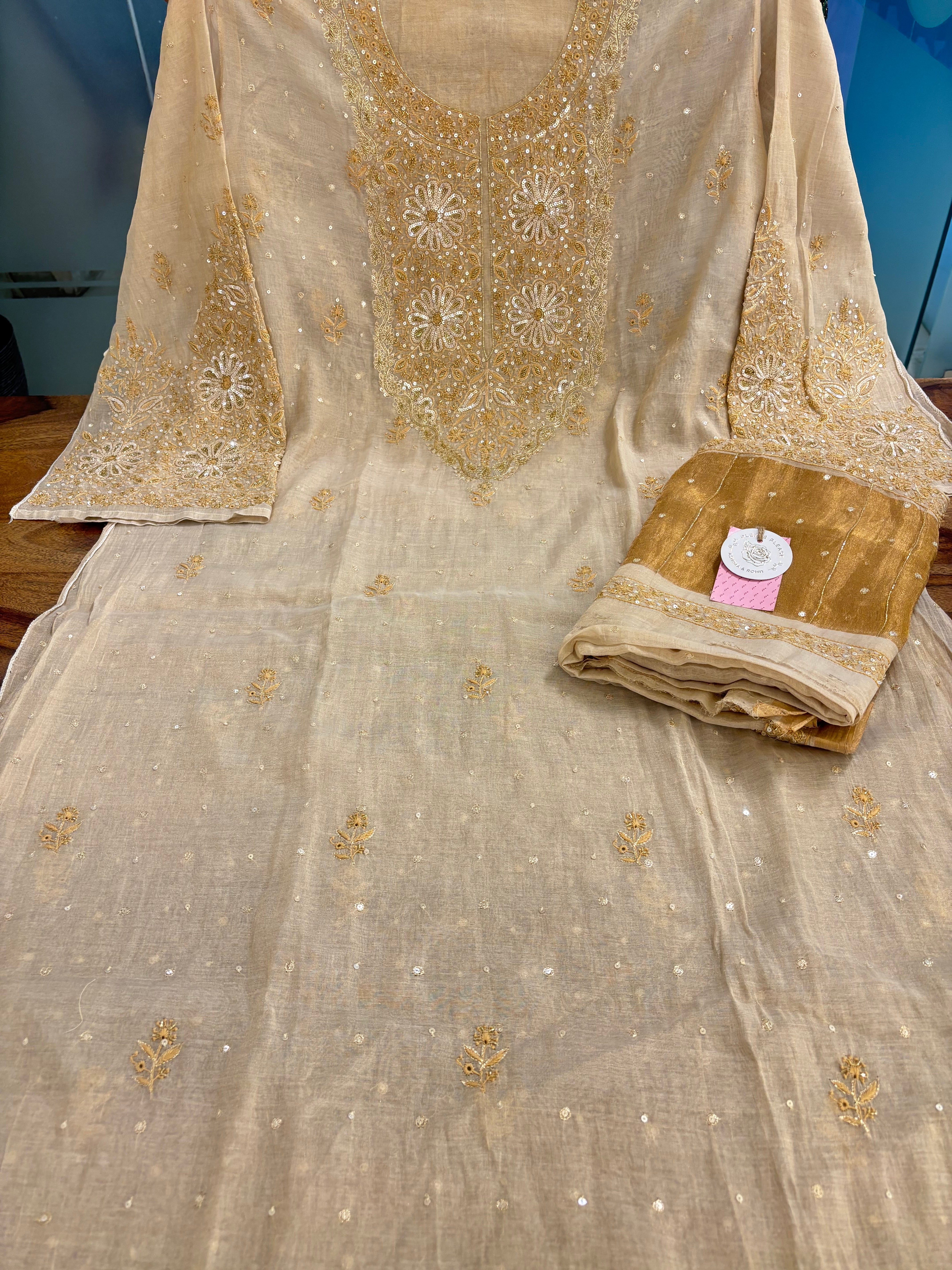 Dyeable Pure & Premium Tissue Heavy Neckline Chikankari Kurta & Dupatta