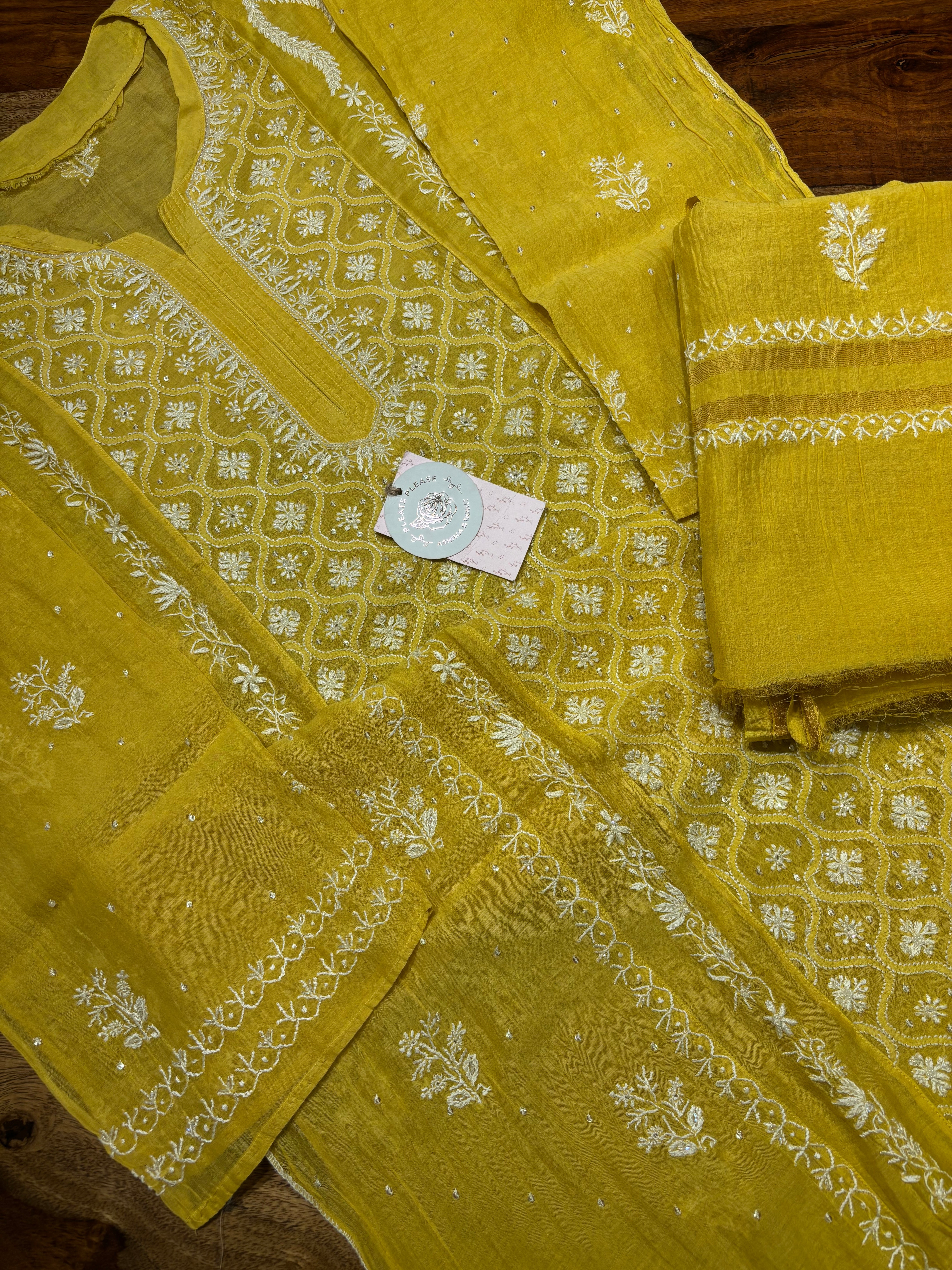 Yellow Chanderi Mul Chikankari kalidar Kurta and Dupatta set