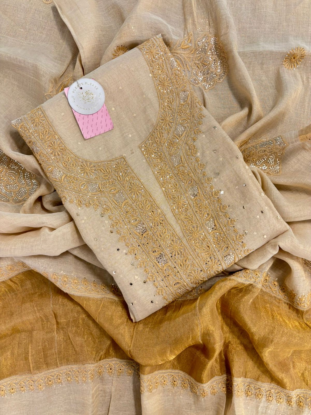Dyeable Pure & Premium Tissue Chikankari Mukaish Kurta & Dupatta