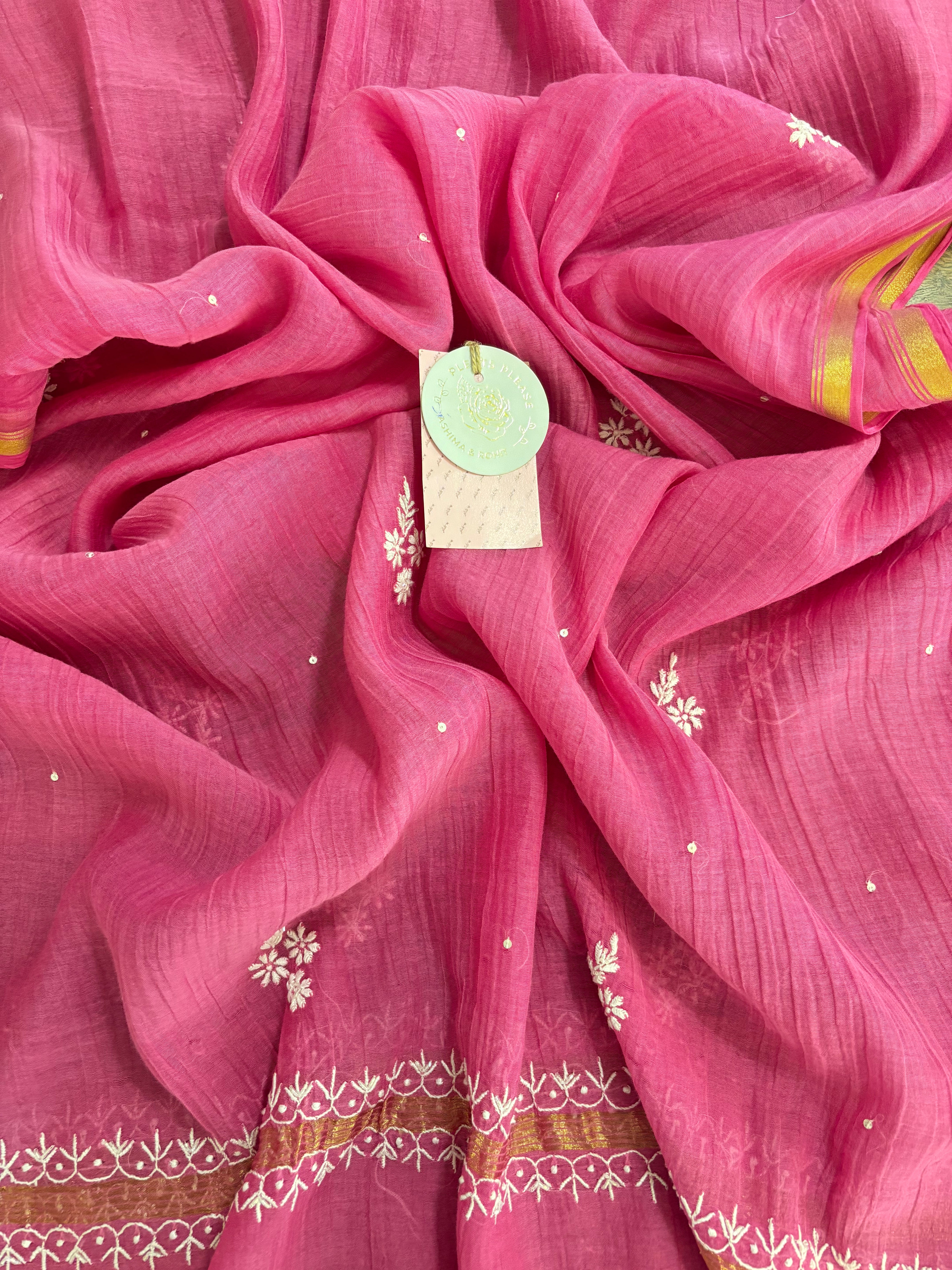 Magenta Chanderi Cotton Chikankari Kurta & Dupatta