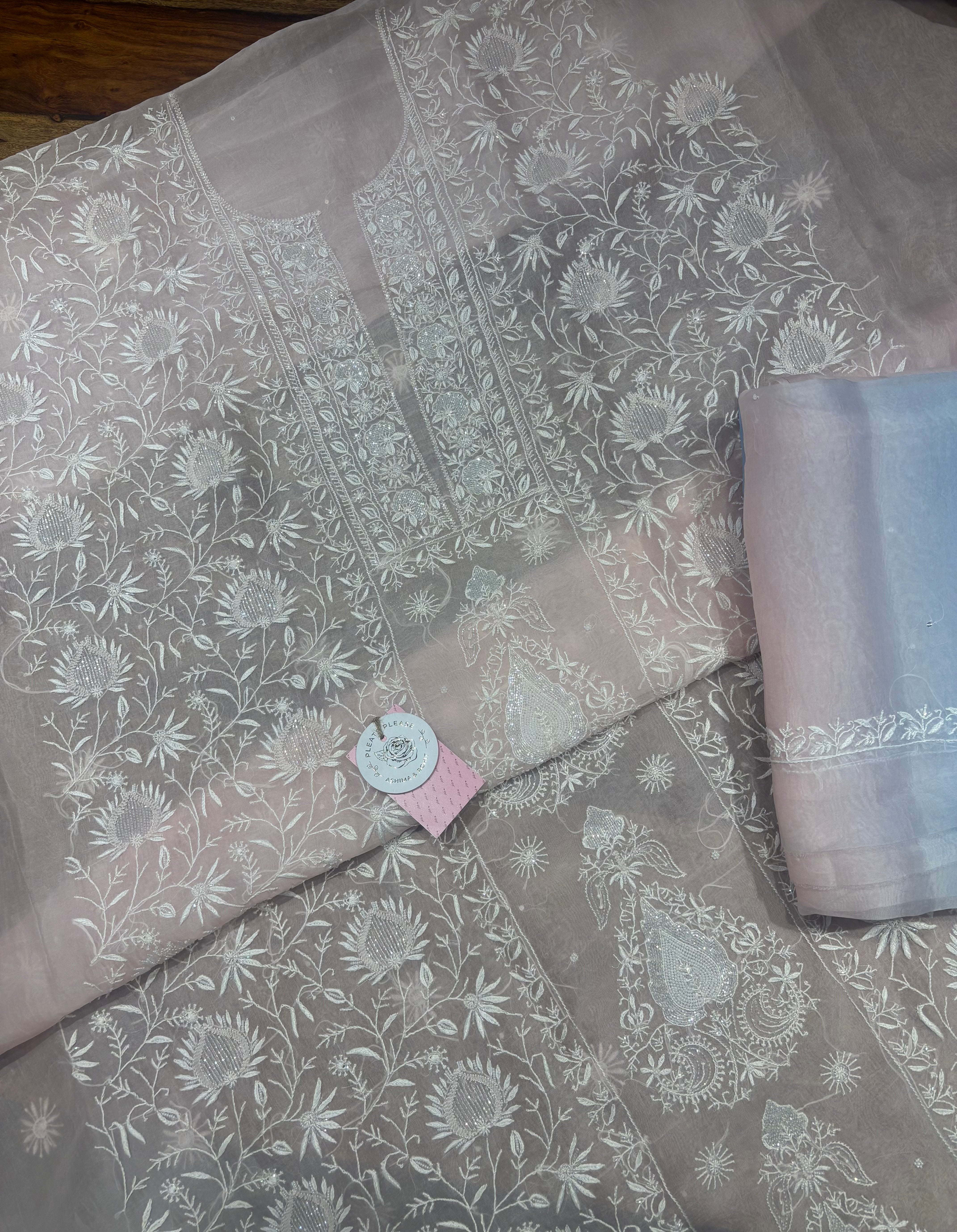 Soft Pink Pure & Premium Organza Silk Chikankari Kurta & Dupatta Fabric