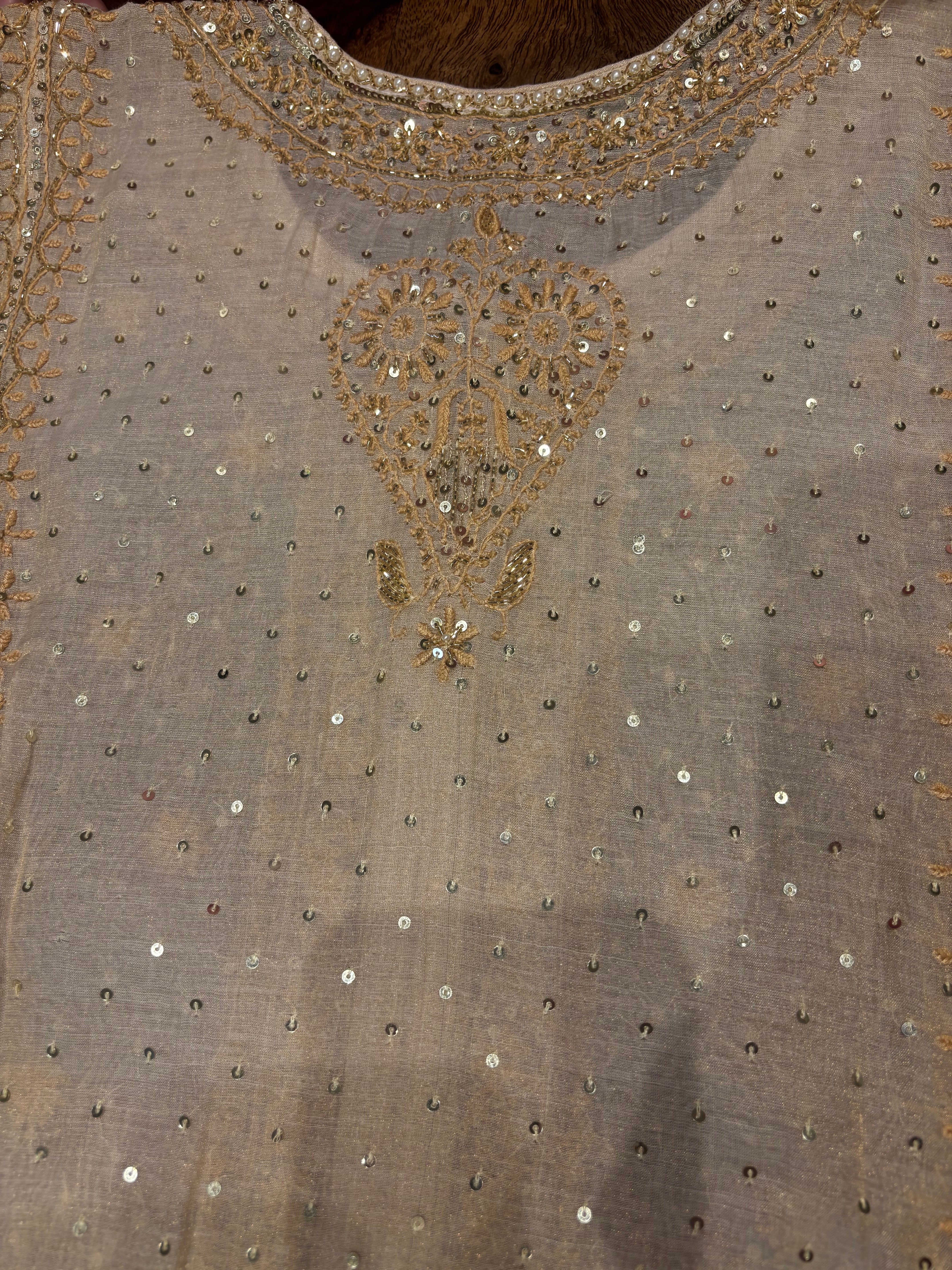 Dyeable Golden Pure Tissue Chikankari A line Anarkali and Dupatta Pearl Neckline