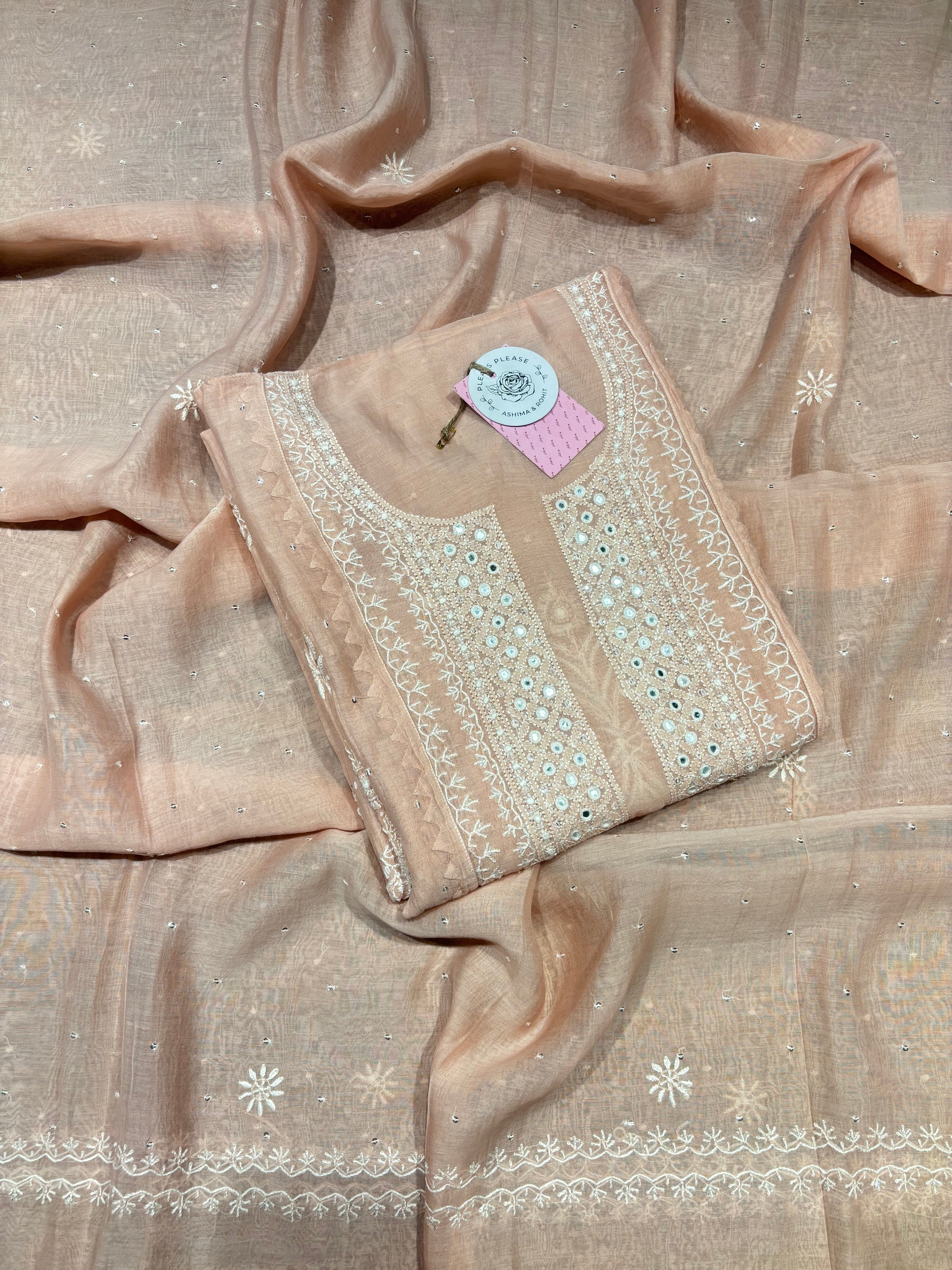 Dusty Peach Chanderi Mul Chikankari Kurta & Dupatta Set