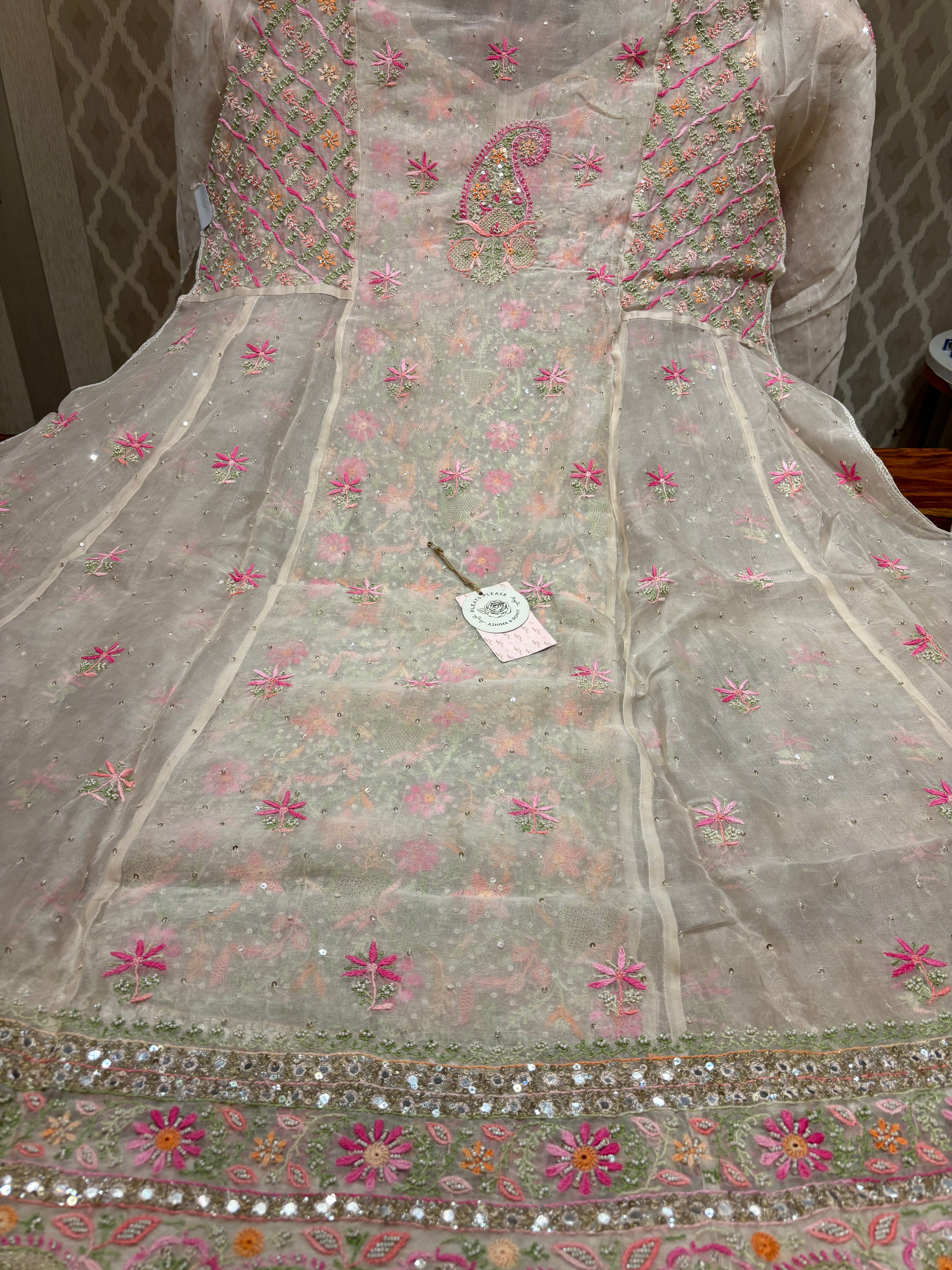 Nude Rose Organza Chikankari Anarkali And Dupatta