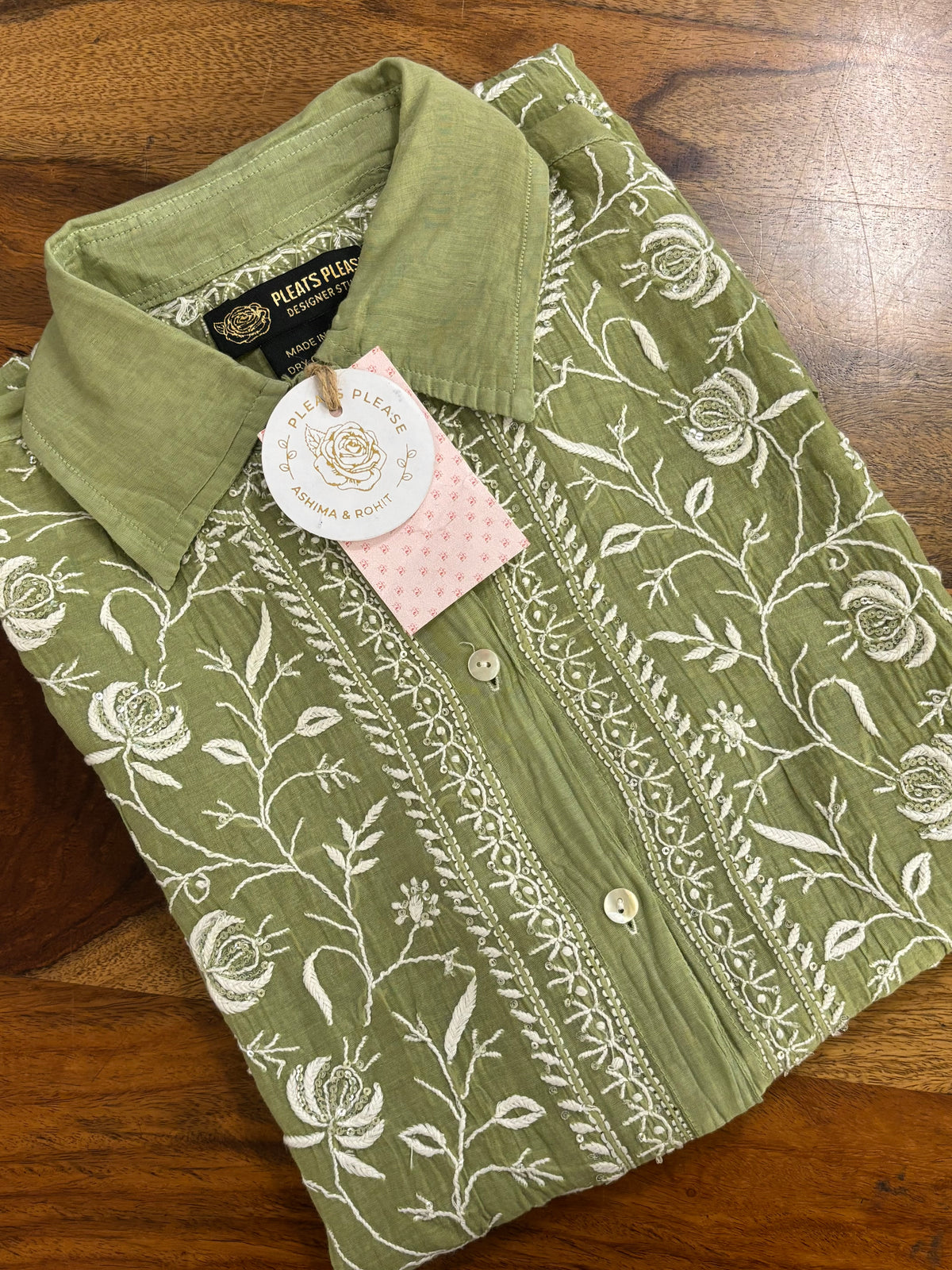Olive Green Chanderi Mul Chikankari Women’s Shirt