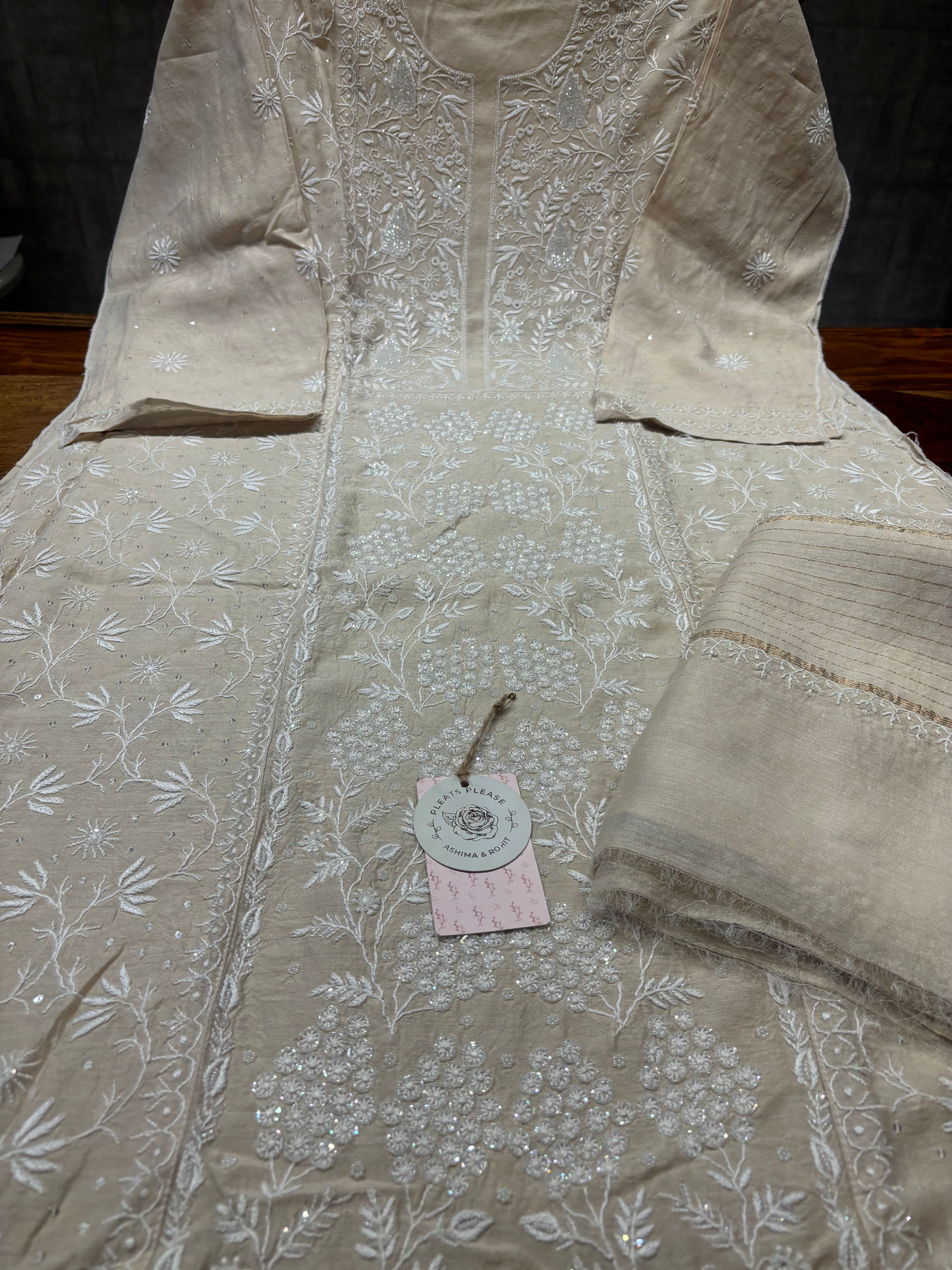 Dyeable Monga Silk Chikankari Kurta And Dupatta Set