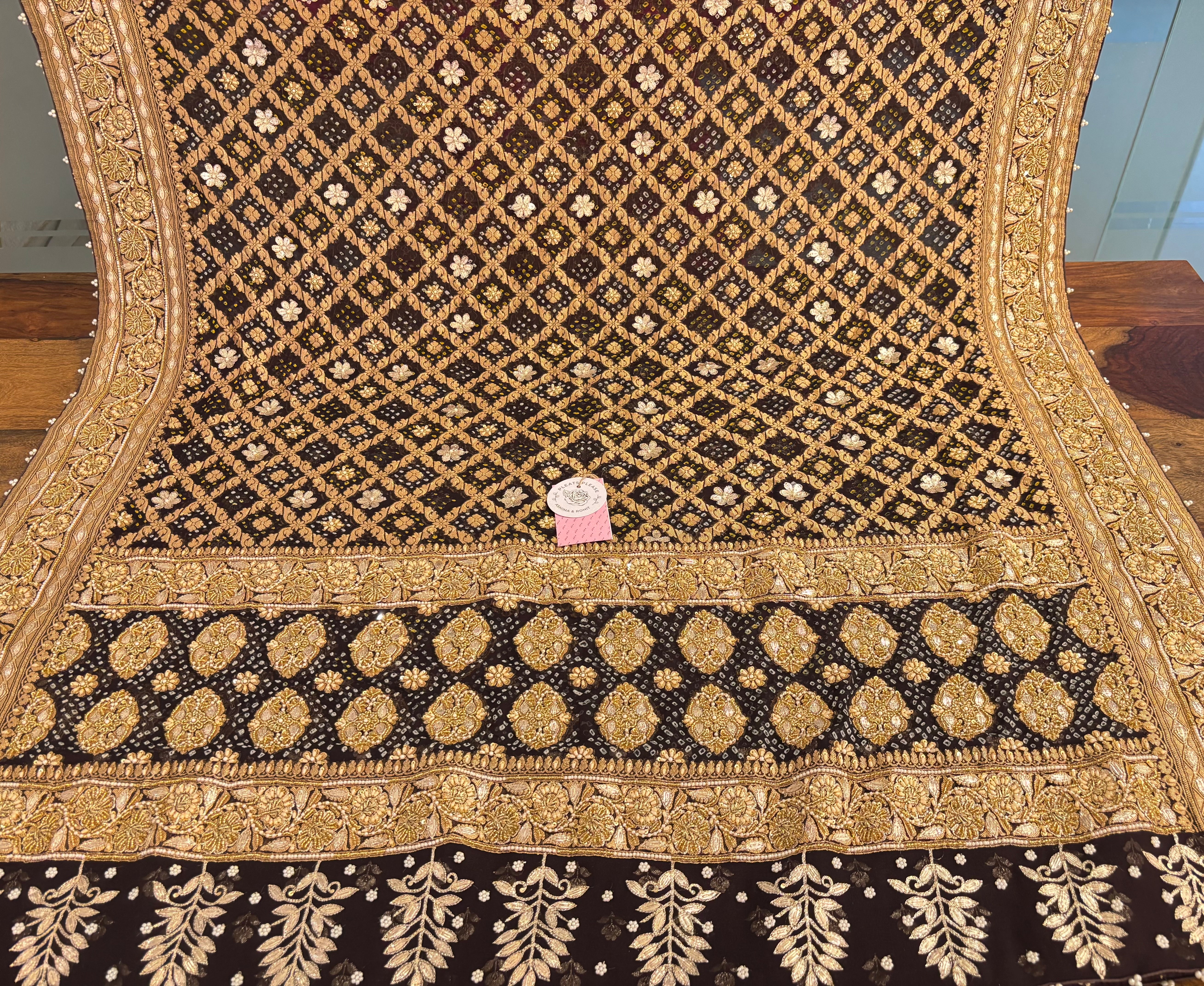 Deep Brown Pure Georgette Gota Patti Bandhej Zardozi Dupatta