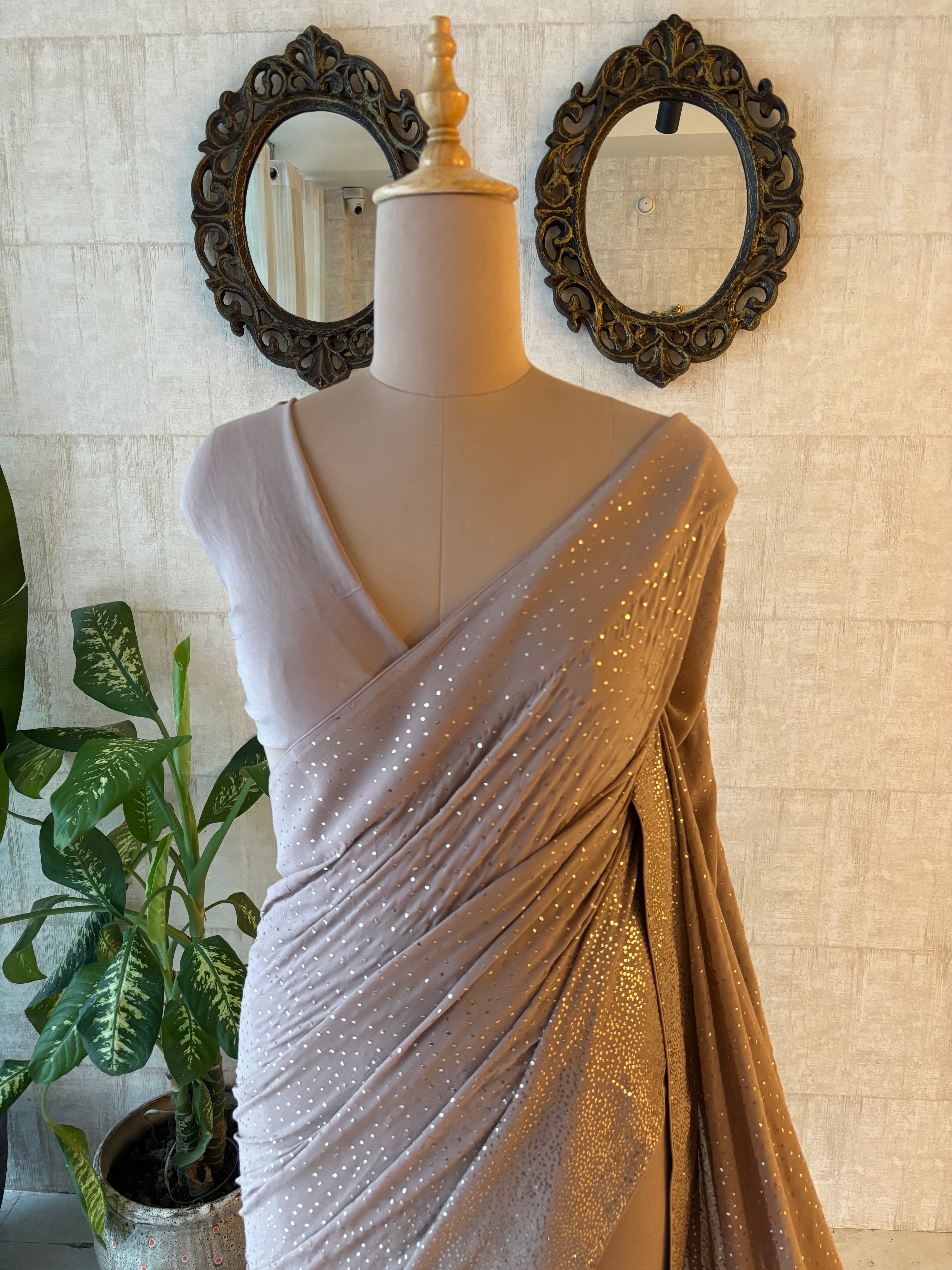 Brown Pure & Premium Georgette Mukaish Saree & Blouse