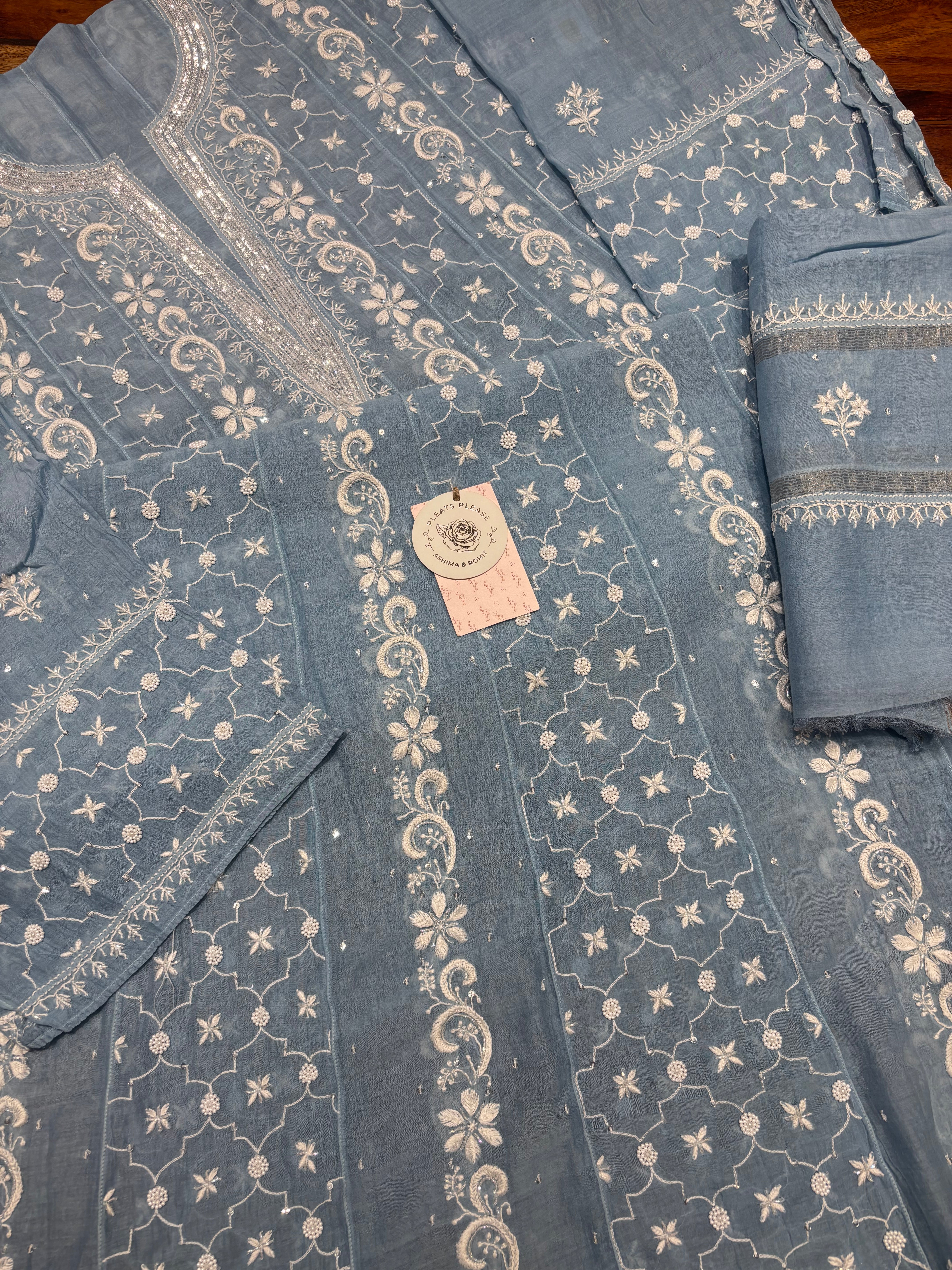 Powder Blue Chanderi Mul Chikankari Anarkali & Dupatta Set