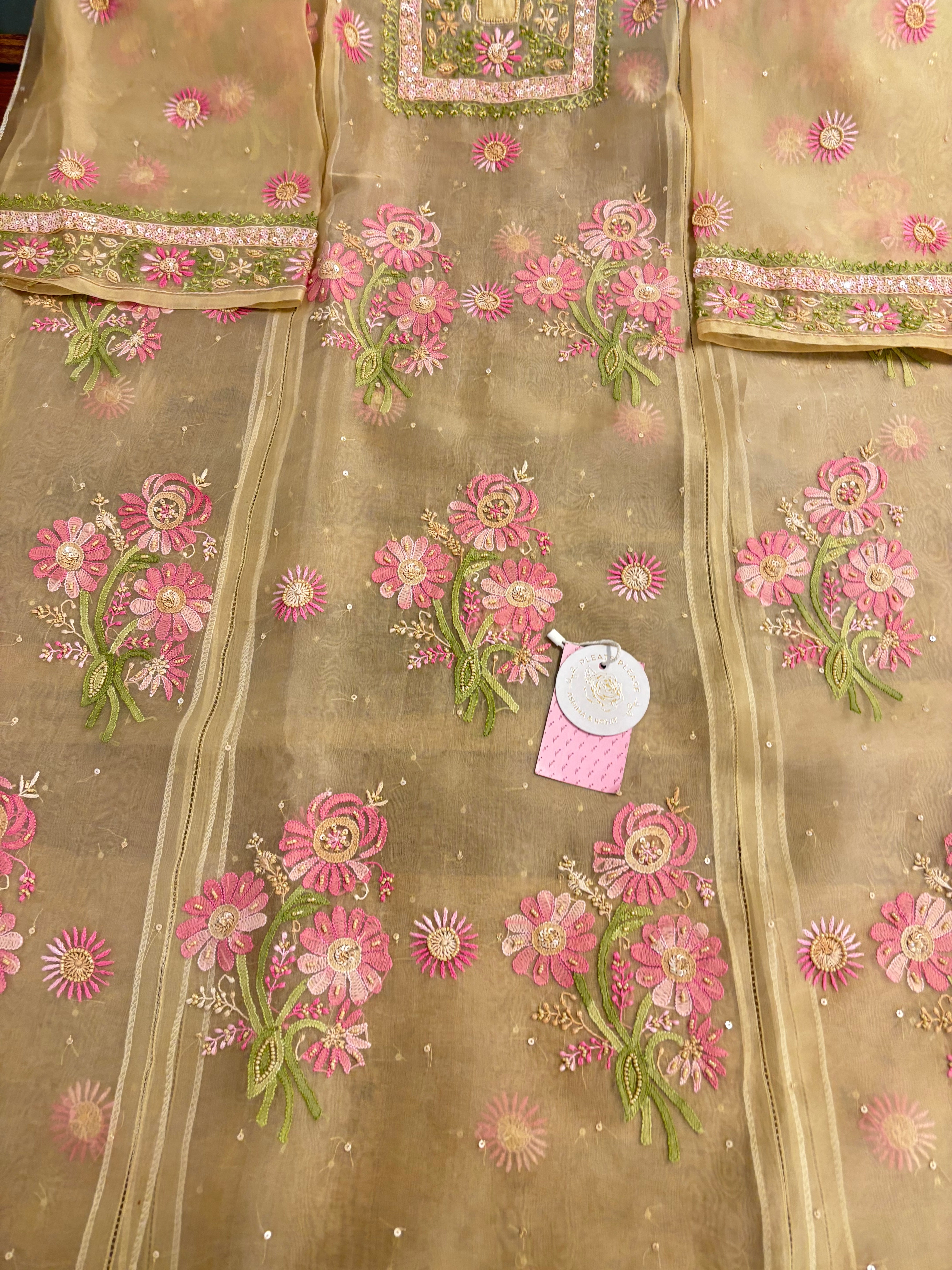 Golden Pure Organza Silk Chikankari Kurta & Dupatta