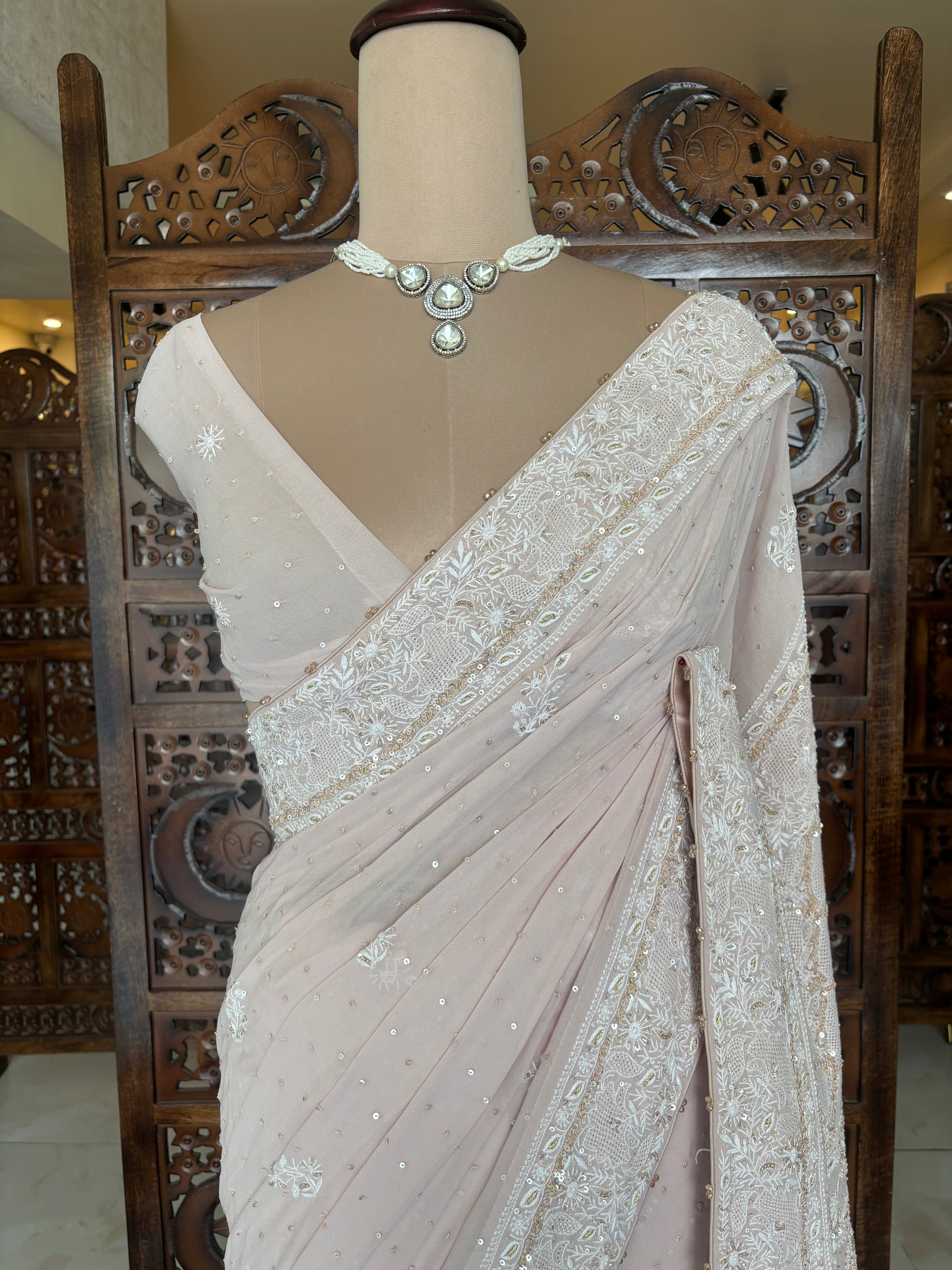 Baby Pink Pure & Premium Georgette Chikankari Zardozi Saree