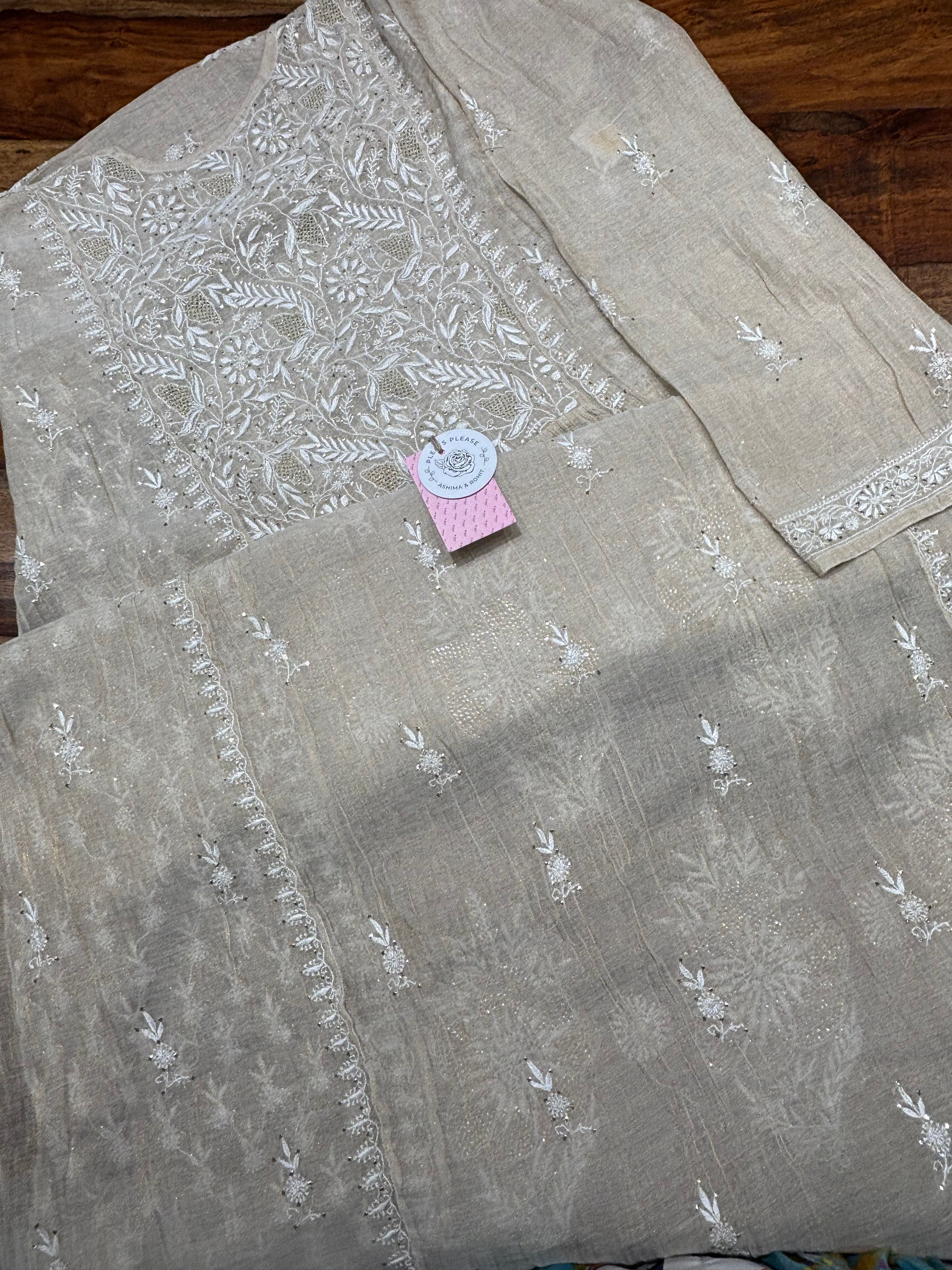 Dyeable Pure & Premium Tissue Chikankari & Mukaish Angrakha Kurta & Dupatta Set