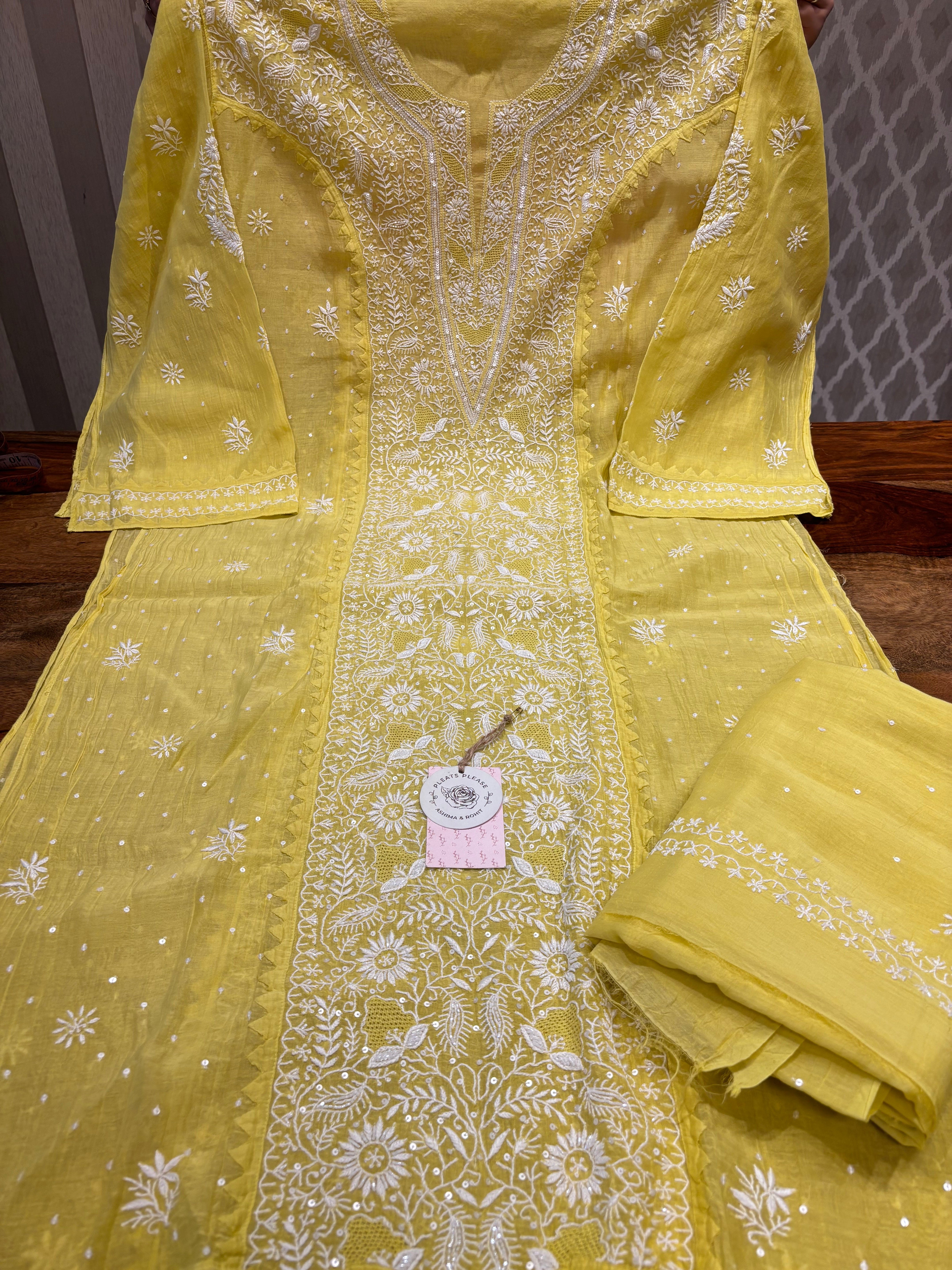 Yellow Chanderi Mul Chikankari Kurta and Dupatta set