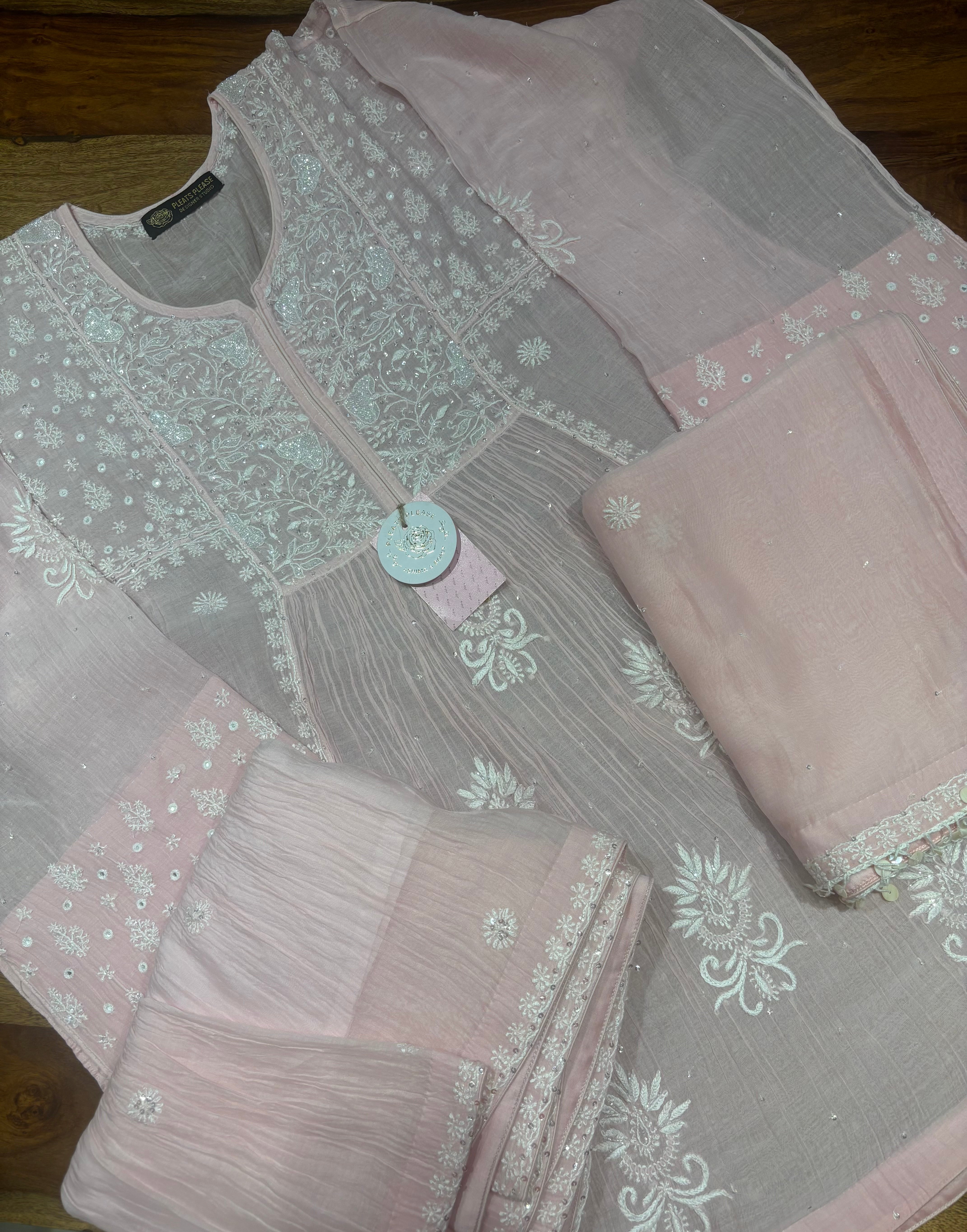 Soft Pink Chanderi Mul Chikankari Kurta, Sharara & Dupatta Set