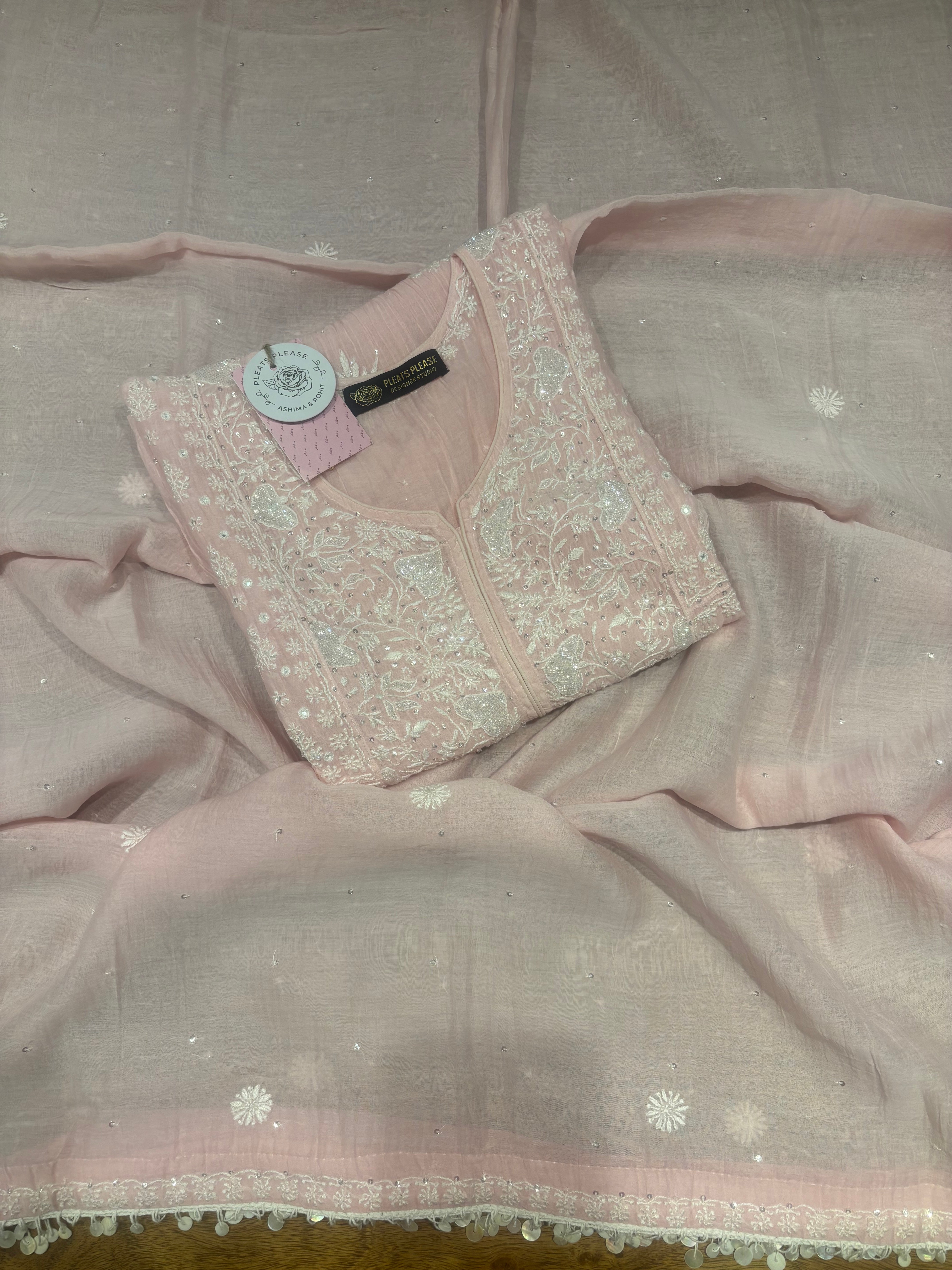 Soft Pink Chanderi Mul Chikankari Kurta, Sharara & Dupatta Set