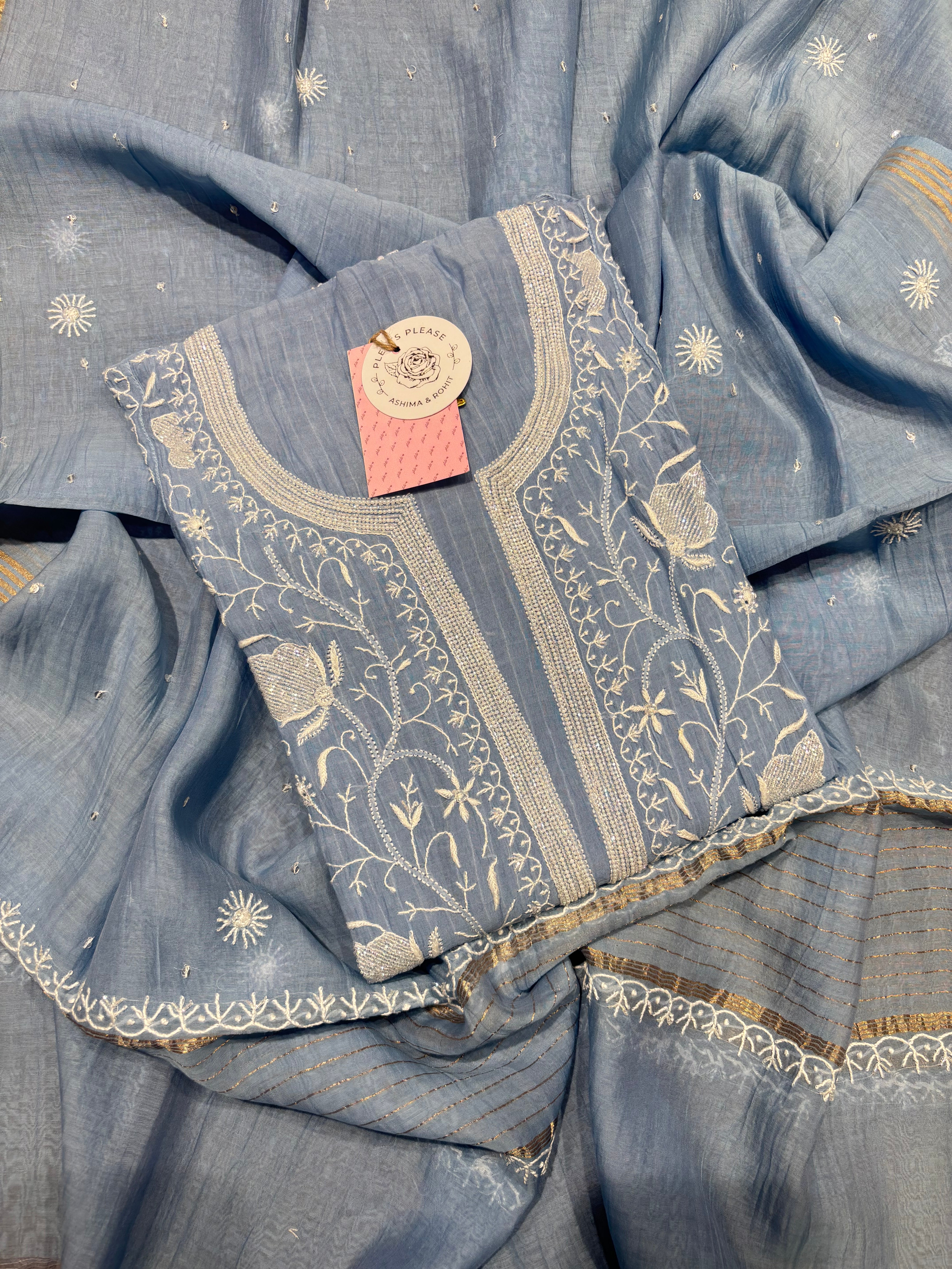 Blue Chanderi Mul Chikankari Kurta & Dupatta Set