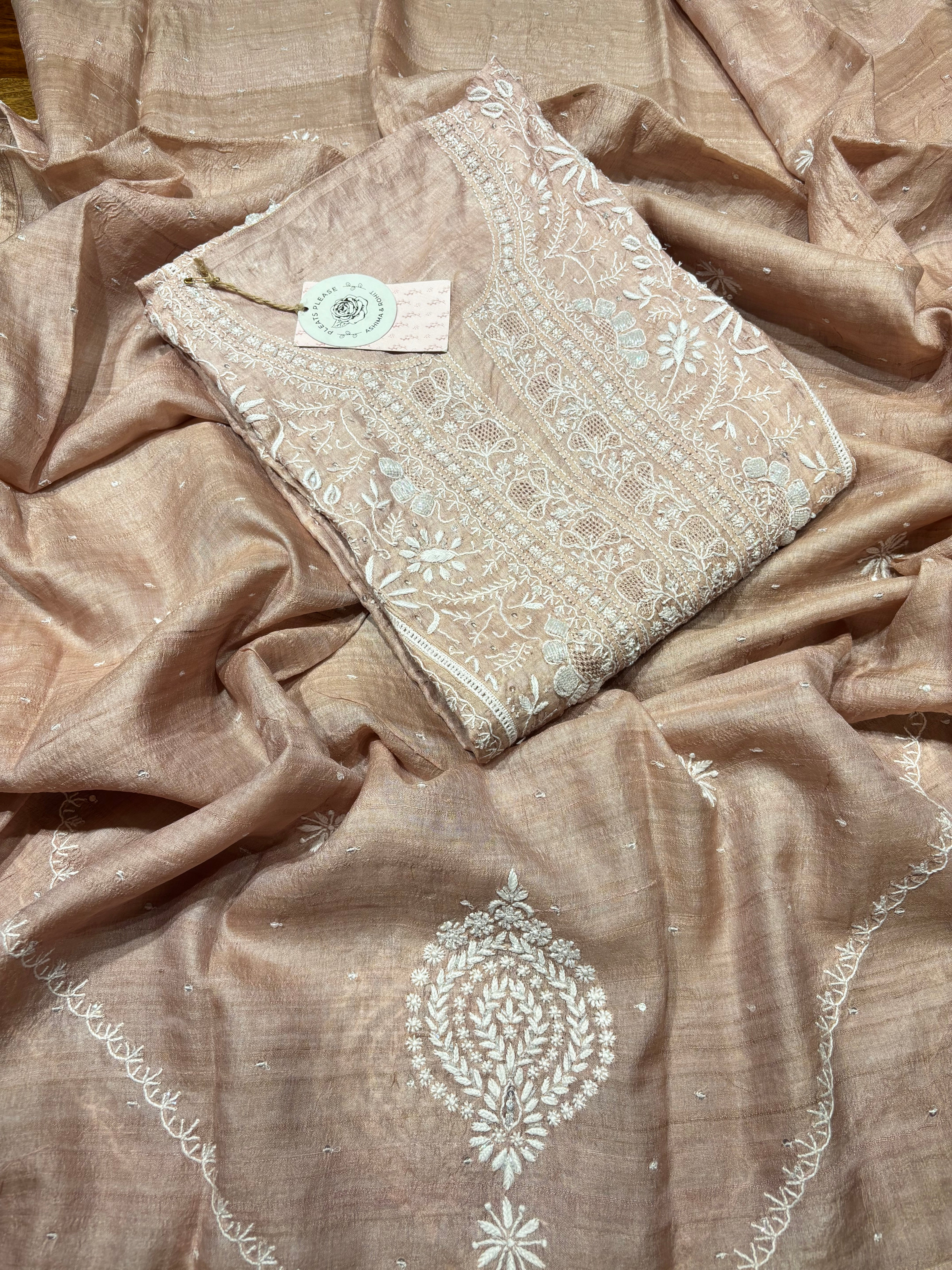 Peach Whip Pure Tussar Silk Chikankari Kurta And Dupatta Set